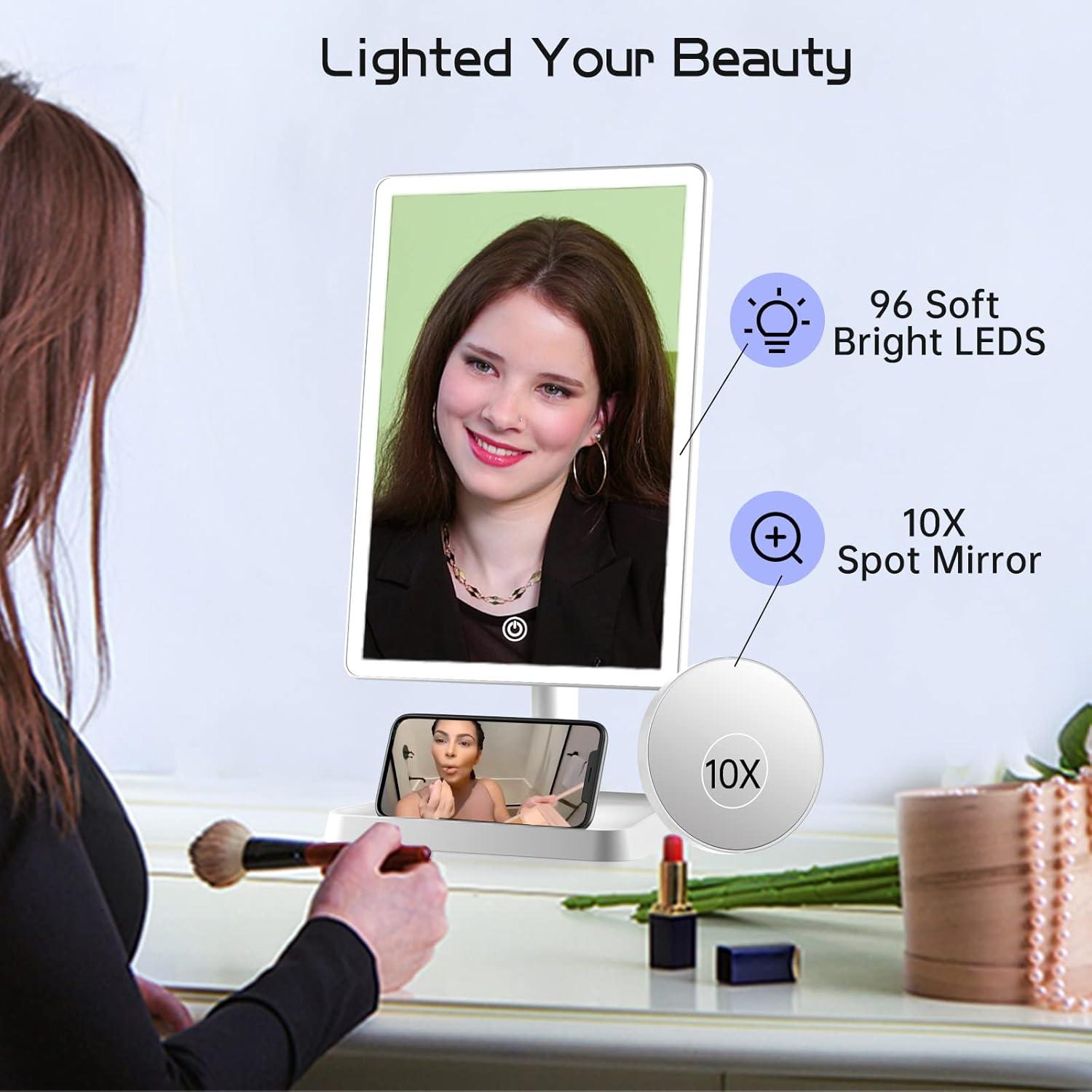 imageFUNTOUCH Rechargeable Lighted Mirrors for Makeup 2000mAh 10X Magnification3 Color Lighting Portable Tabletop Cosmetic Make Up Mirror 360 Rotation Led Light up Mirrors with StorageWhiteWhite Large