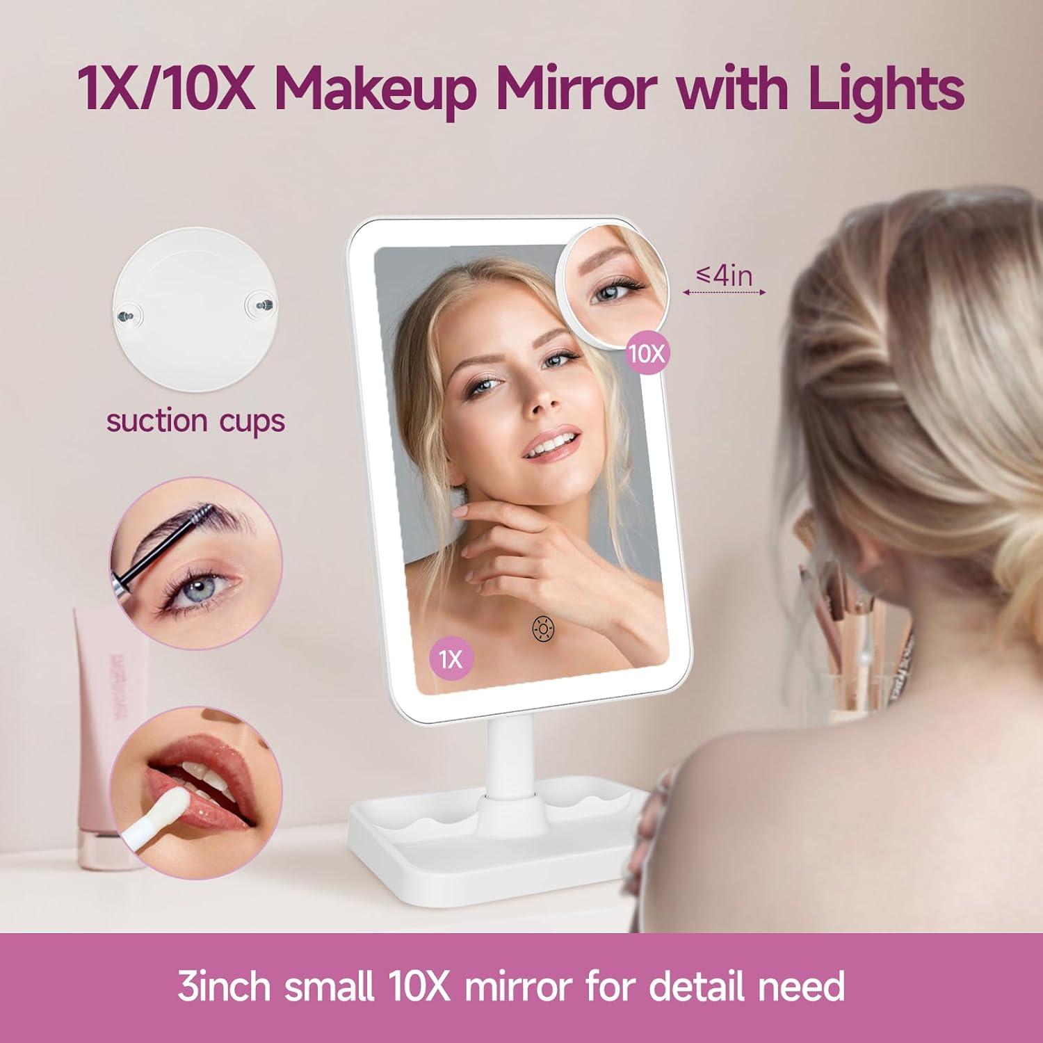 imageFUNTOUCH Rechargeable Lighted Mirrors for Makeup 2000mAh 10X Magnification3 Color Lighting Portable Tabletop Cosmetic Make Up Mirror 360 Rotation Led Light up Mirrors with StorageWhiteWhite Small