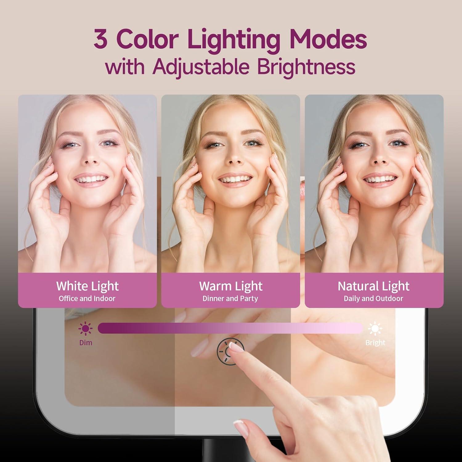 imageFUNTOUCH Rechargeable Lighted Mirrors for Makeup 2000mAh 10X Magnification3 Color Lighting Portable Tabletop Cosmetic Make Up Mirror 360 Rotation Led Light up Mirrors with StorageWhiteBlack Small