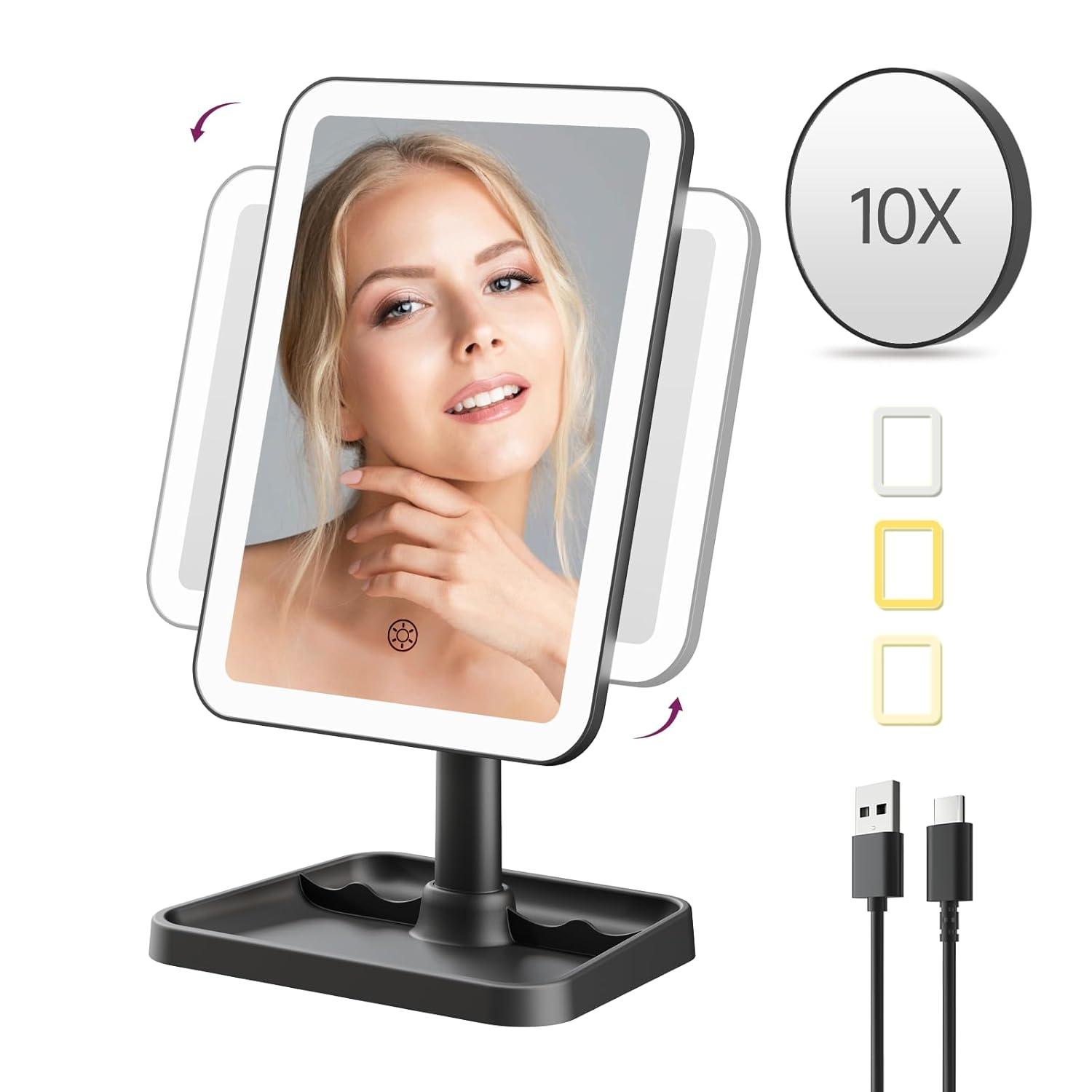 imageFUNTOUCH Rechargeable Lighted Mirrors for Makeup 2000mAh 10X Magnification3 Color Lighting Portable Tabletop Cosmetic Make Up Mirror 360 Rotation Led Light up Mirrors with StorageWhiteBlack Small