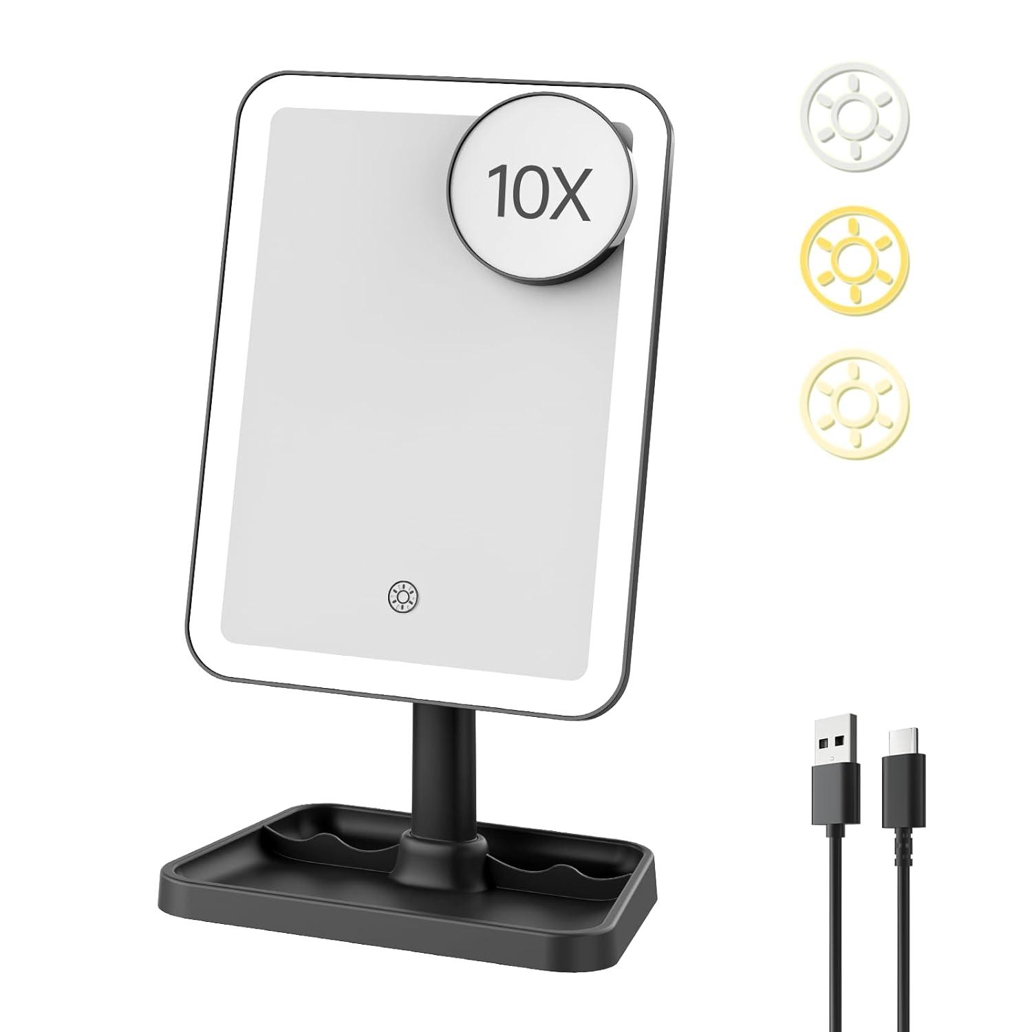 imageFUNTOUCH Rechargeable Lighted Mirrors for Makeup 2000mAh 10X Magnification3 Color Lighting Portable Tabletop Cosmetic Make Up Mirror 360 Rotation Led Light up Mirrors with StorageWhiteBlack Small