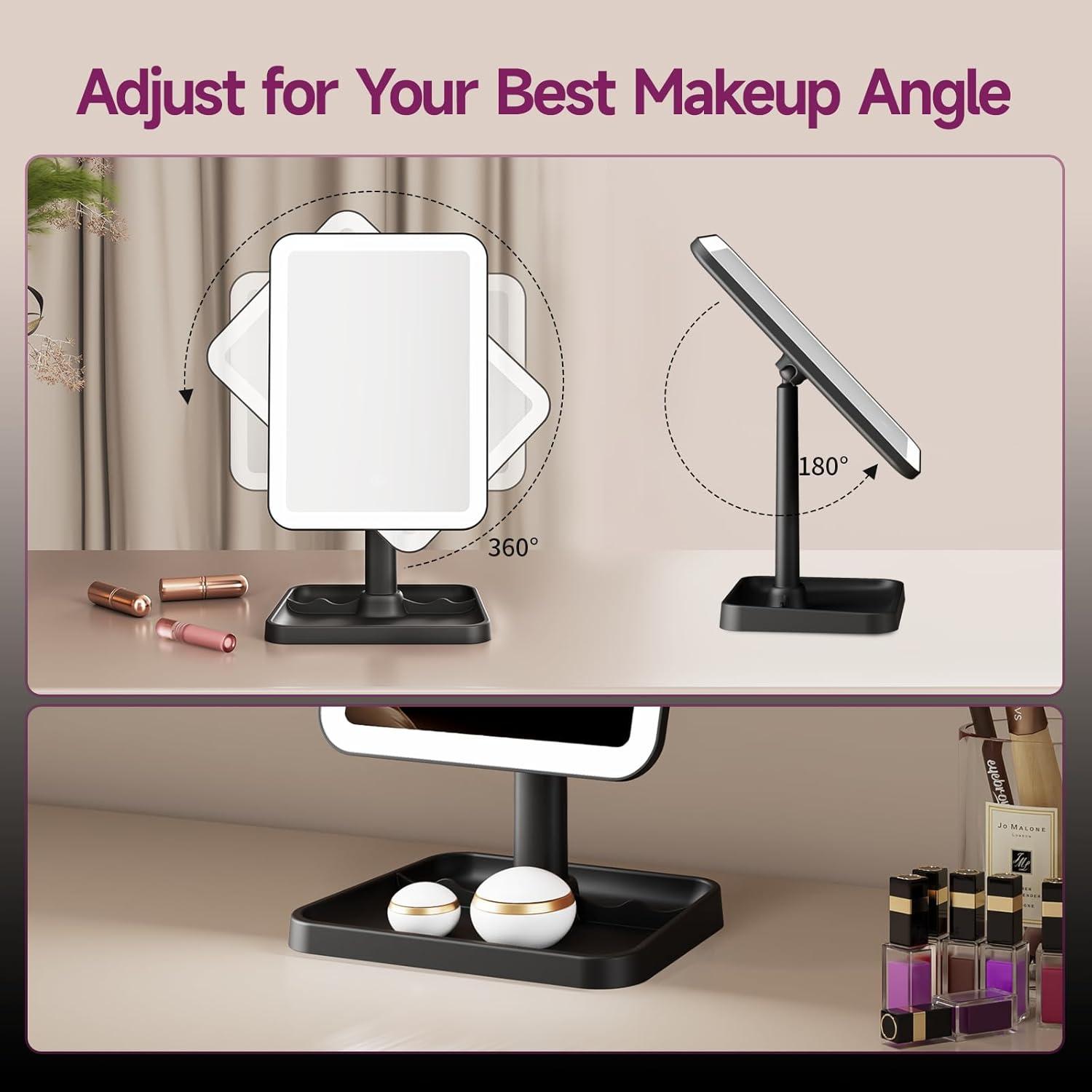 imageFUNTOUCH Rechargeable Lighted Mirrors for Makeup 2000mAh 10X Magnification3 Color Lighting Portable Tabletop Cosmetic Make Up Mirror 360 Rotation Led Light up Mirrors with StorageWhiteBlack Small