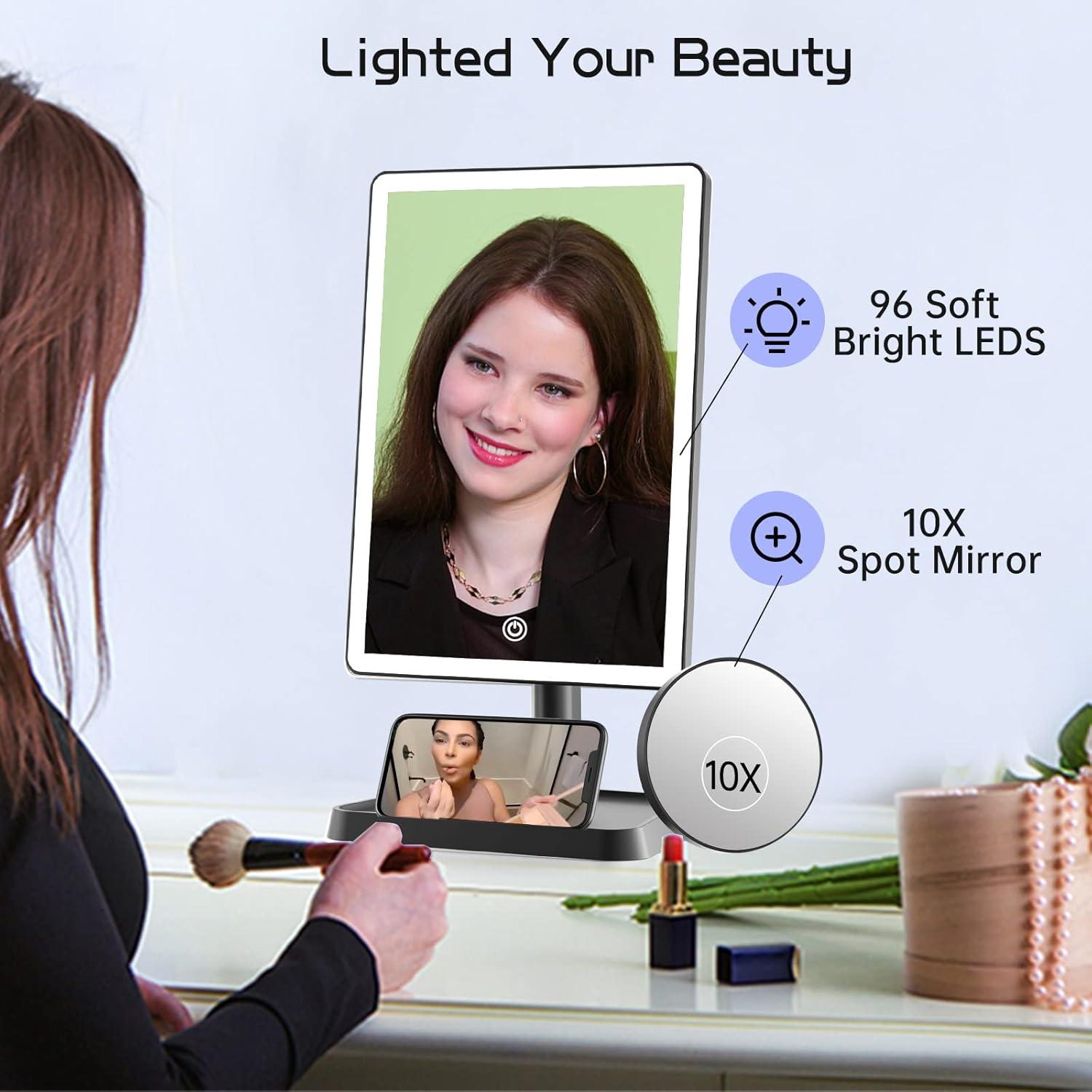 imageFUNTOUCH Rechargeable Lighted Mirrors for Makeup 2000mAh 10X Magnification3 Color Lighting Portable Tabletop Cosmetic Make Up Mirror 360 Rotation Led Light up Mirrors with StorageWhiteBlack Large