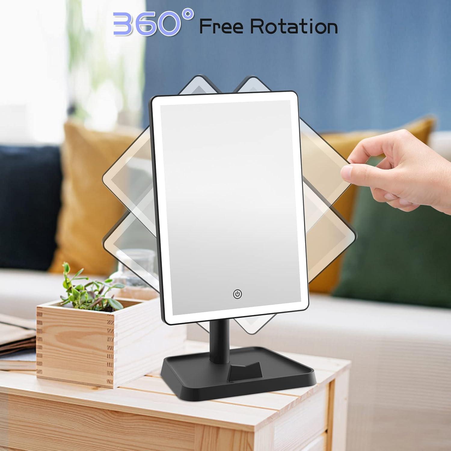 imageFUNTOUCH Rechargeable Lighted Mirrors for Makeup 2000mAh 10X Magnification3 Color Lighting Portable Tabletop Cosmetic Make Up Mirror 360 Rotation Led Light up Mirrors with StorageWhiteBlack Large