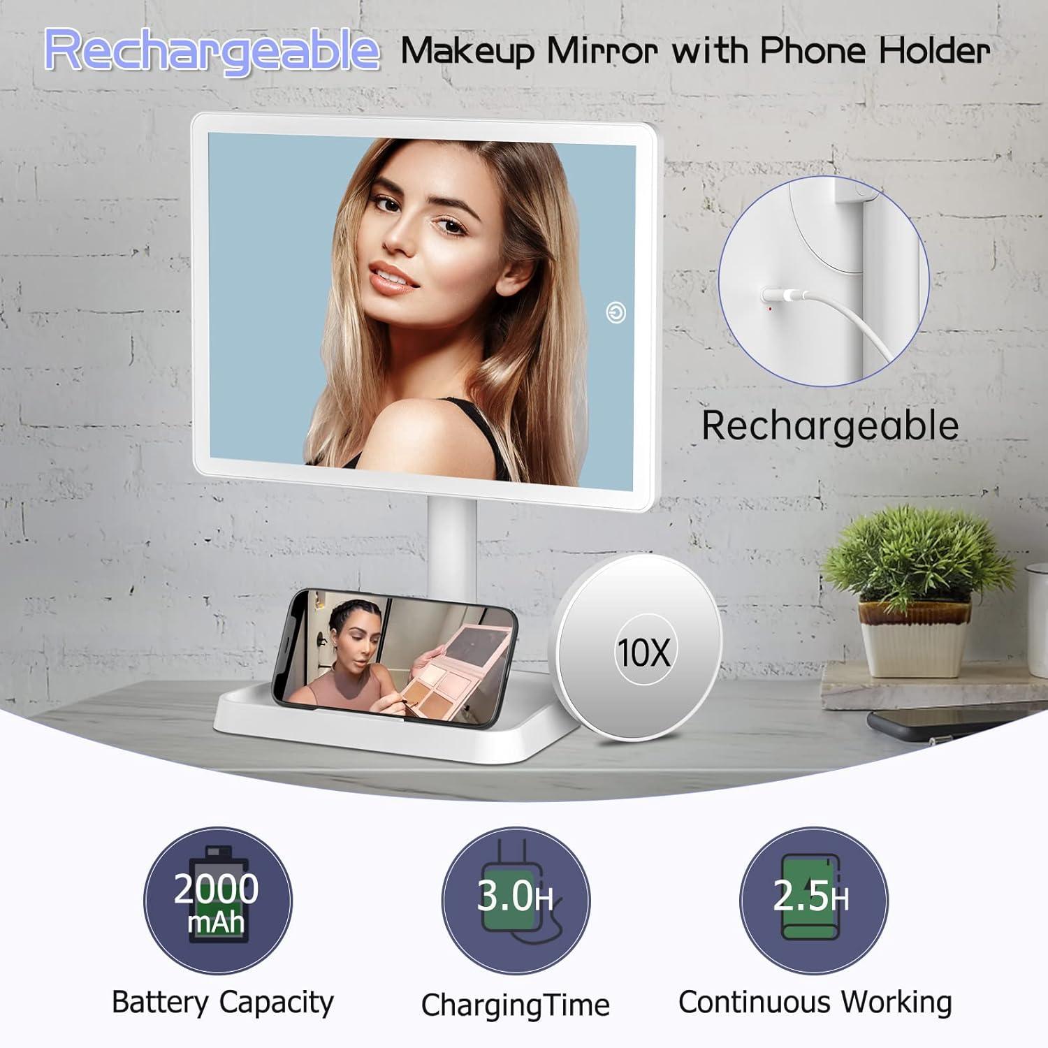 imageFUNTOUCH Rechargeable Lighted Mirrors for Makeup 2000mAh 10X Magnification3 Color Lighting Portable Tabletop Cosmetic Make Up Mirror 360 Rotation Led Light up Mirrors with StorageWhiteWhite Large