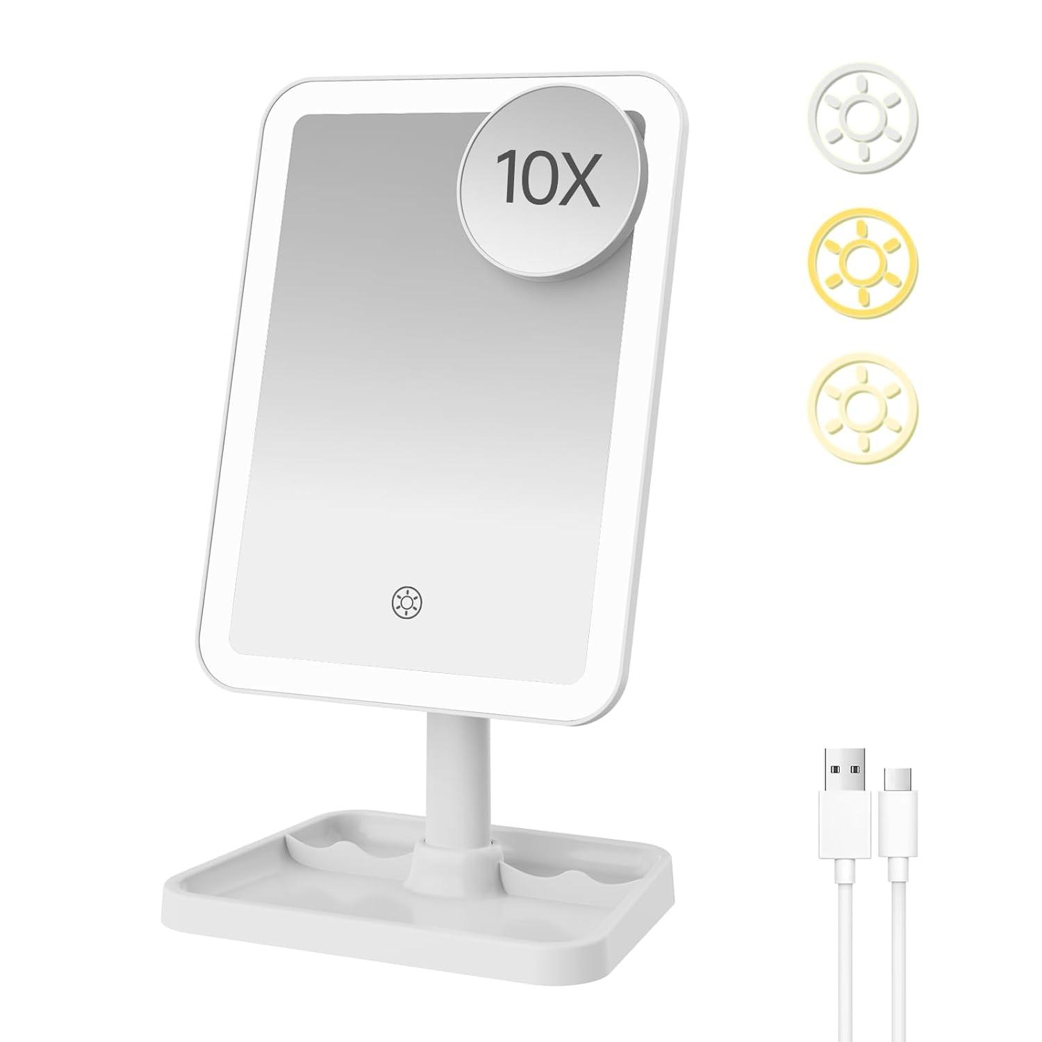 imageFUNTOUCH Rechargeable Lighted Mirrors for Makeup 2000mAh 10X Magnification3 Color Lighting Portable Tabletop Cosmetic Make Up Mirror 360 Rotation Led Light up Mirrors with StorageWhiteWhite Small