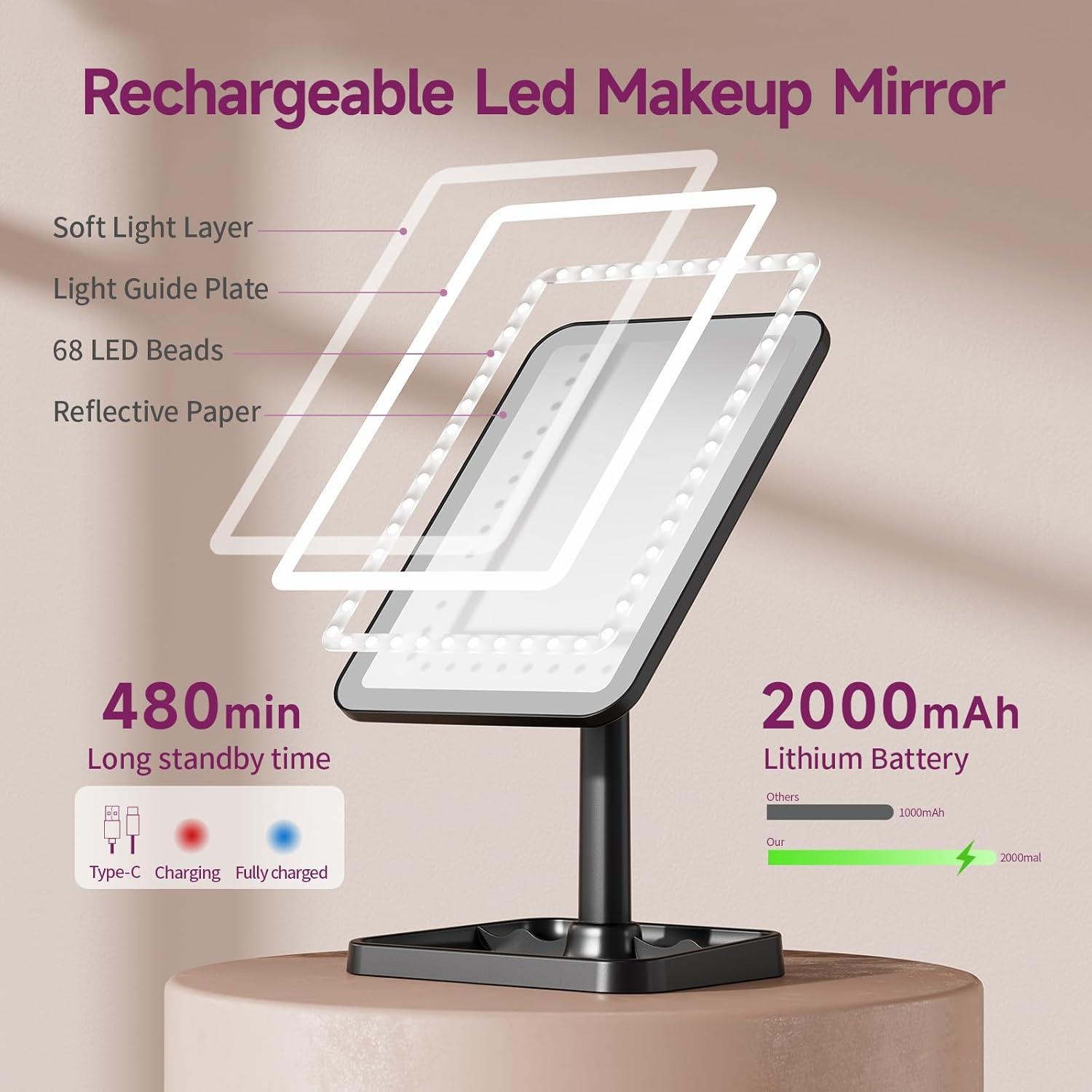 imageFUNTOUCH Rechargeable Lighted Mirrors for Makeup 2000mAh 10X Magnification3 Color Lighting Portable Tabletop Cosmetic Make Up Mirror 360 Rotation Led Light up Mirrors with StorageWhiteBlack Small