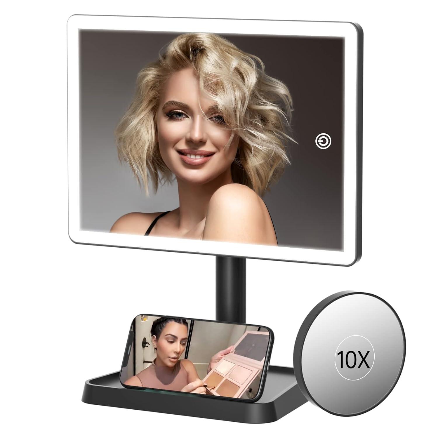 imageFUNTOUCH Rechargeable Lighted Mirrors for Makeup 2000mAh 10X Magnification3 Color Lighting Portable Tabletop Cosmetic Make Up Mirror 360 Rotation Led Light up Mirrors with StorageWhiteBlack Large
