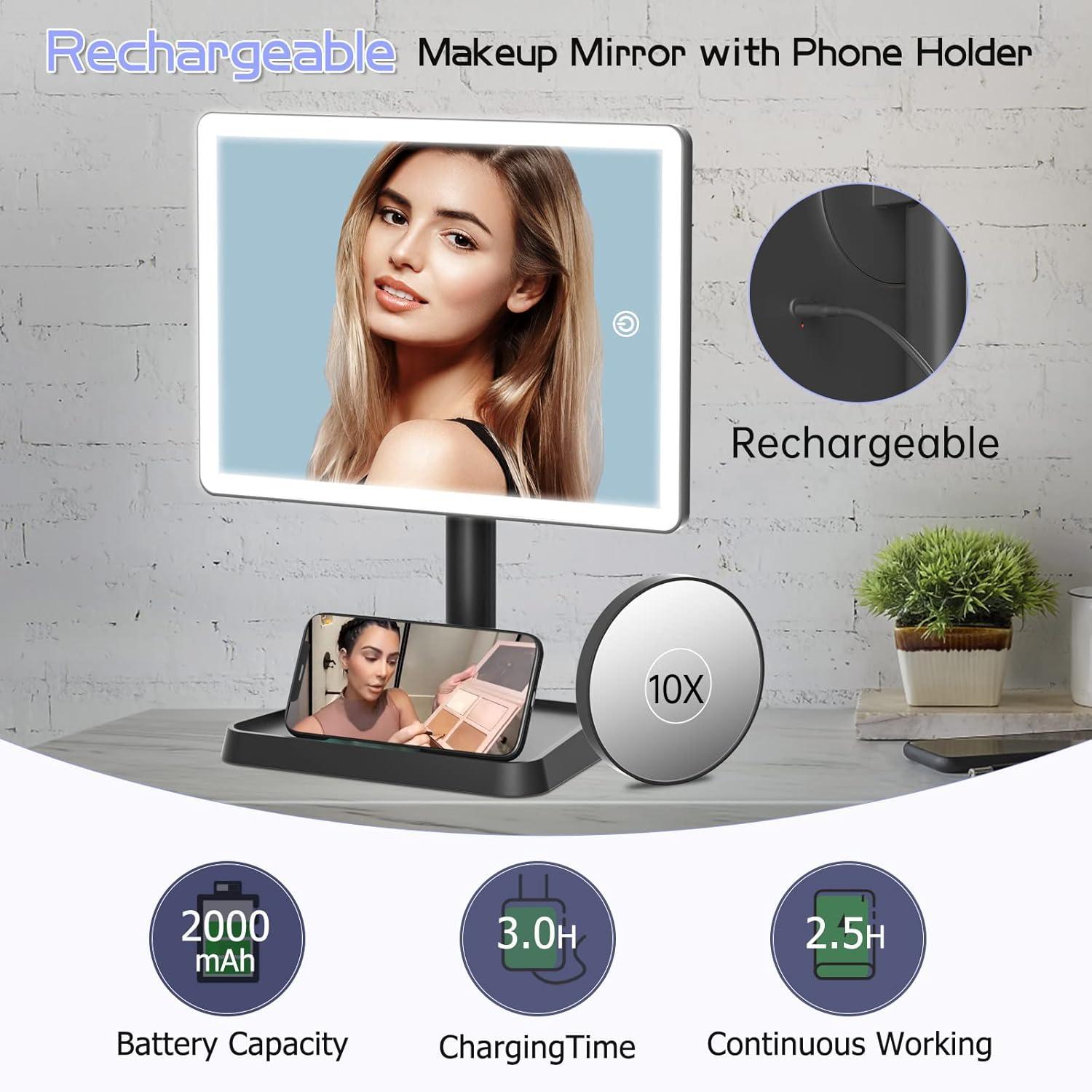 imageFUNTOUCH Rechargeable Lighted Mirrors for Makeup 2000mAh 10X Magnification3 Color Lighting Portable Tabletop Cosmetic Make Up Mirror 360 Rotation Led Light up Mirrors with StorageWhiteBlack Large
