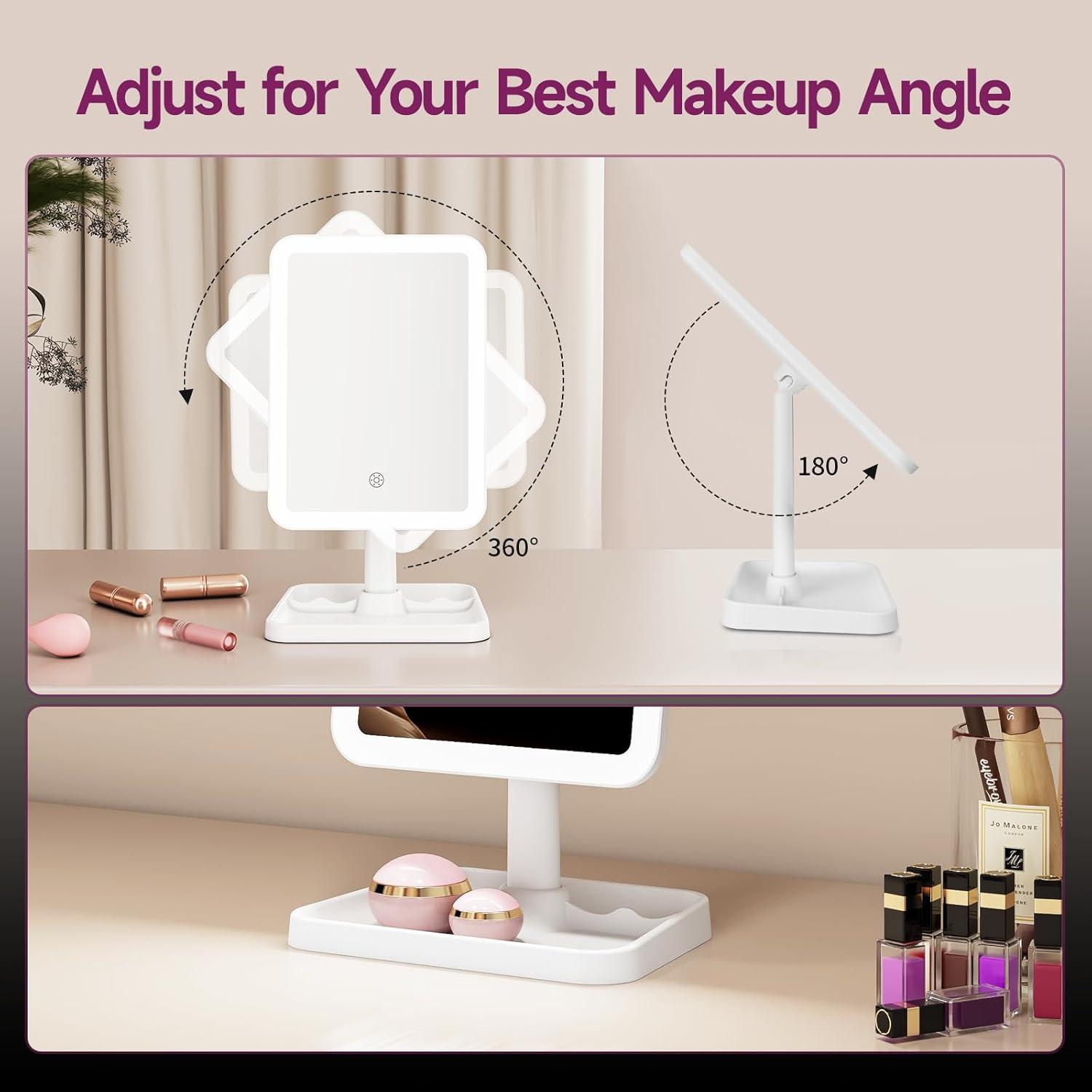 imageFUNTOUCH Rechargeable Lighted Mirrors for Makeup 2000mAh 10X Magnification3 Color Lighting Portable Tabletop Cosmetic Make Up Mirror 360 Rotation Led Light up Mirrors with StorageWhiteWhite Small