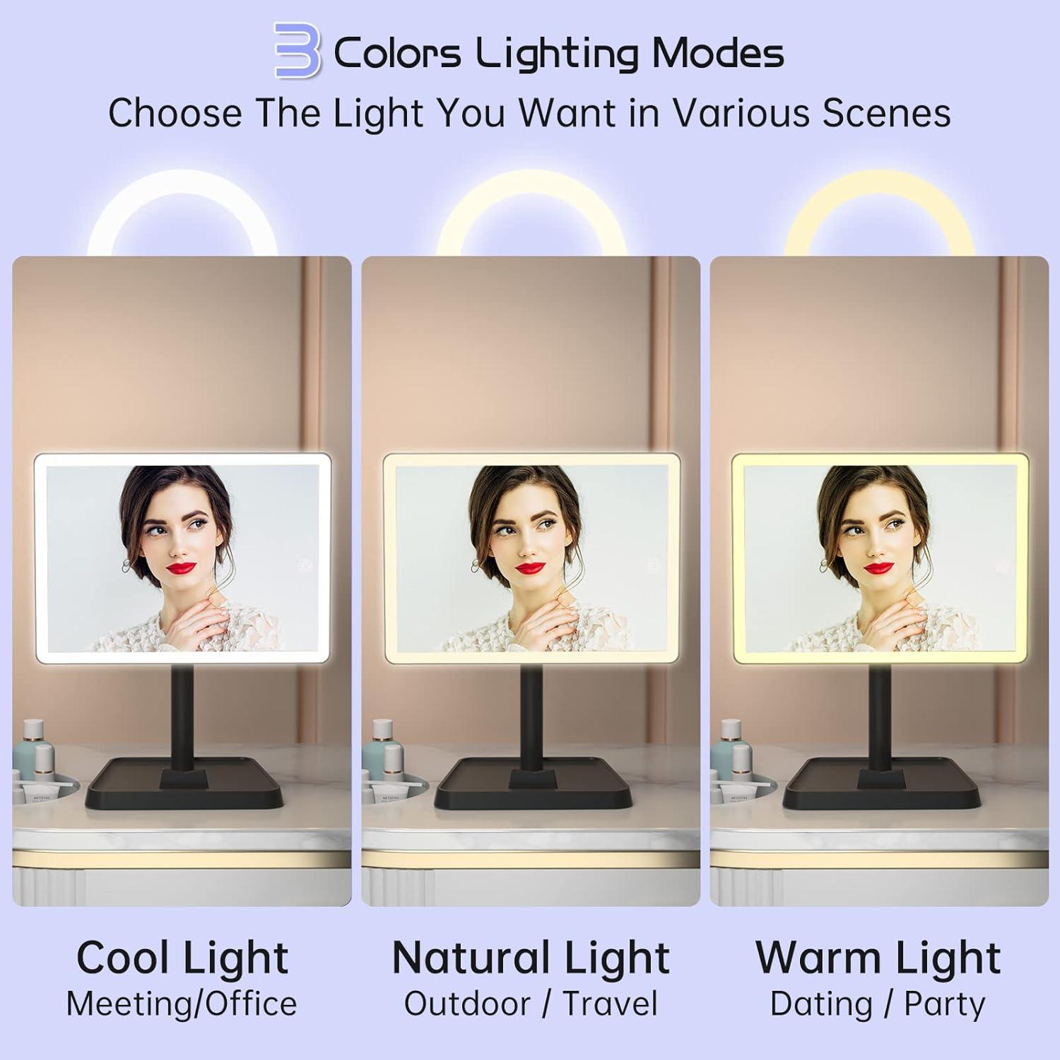 imageFUNTOUCH Rechargeable Lighted Mirrors for Makeup 2000mAh 10X Magnification3 Color Lighting Portable Tabletop Cosmetic Make Up Mirror 360 Rotation Led Light up Mirrors with StorageWhiteBlack Large