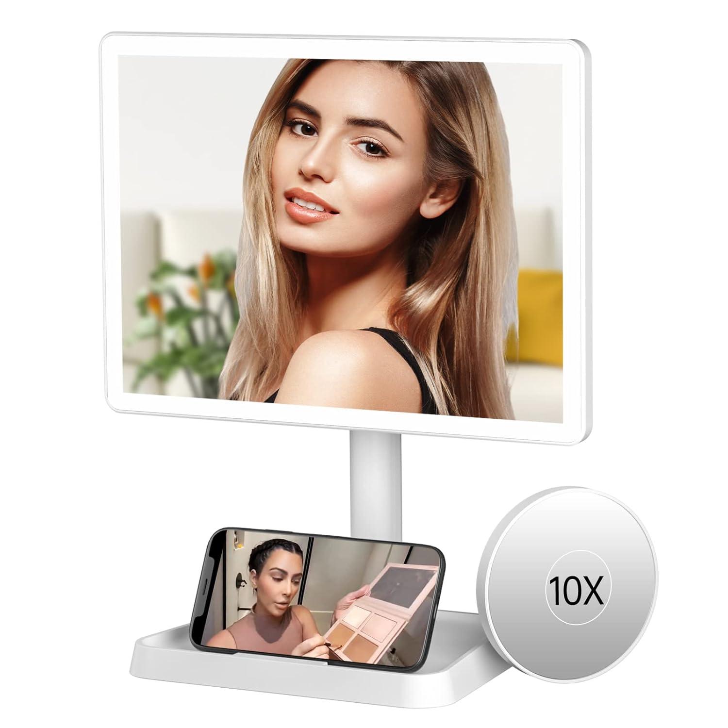 imageFUNTOUCH Rechargeable Lighted Mirrors for Makeup 2000mAh 10X Magnification3 Color Lighting Portable Tabletop Cosmetic Make Up Mirror 360 Rotation Led Light up Mirrors with StorageWhiteWhite Large