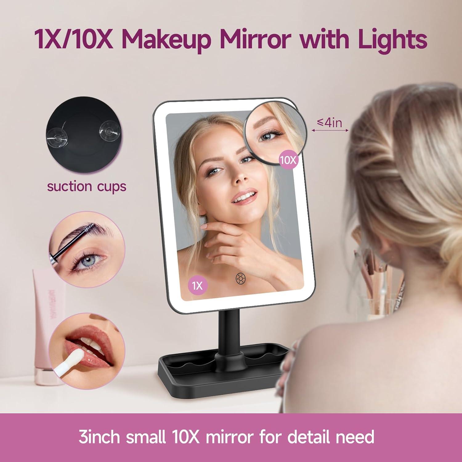 imageFUNTOUCH Rechargeable Lighted Mirrors for Makeup 2000mAh 10X Magnification3 Color Lighting Portable Tabletop Cosmetic Make Up Mirror 360 Rotation Led Light up Mirrors with StorageWhiteBlack Small