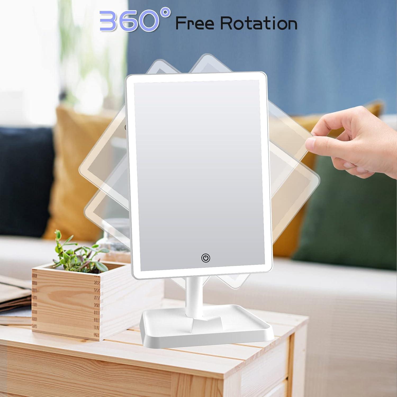 imageFUNTOUCH Rechargeable Lighted Mirrors for Makeup 2000mAh 10X Magnification3 Color Lighting Portable Tabletop Cosmetic Make Up Mirror 360 Rotation Led Light up Mirrors with StorageWhiteWhite Large