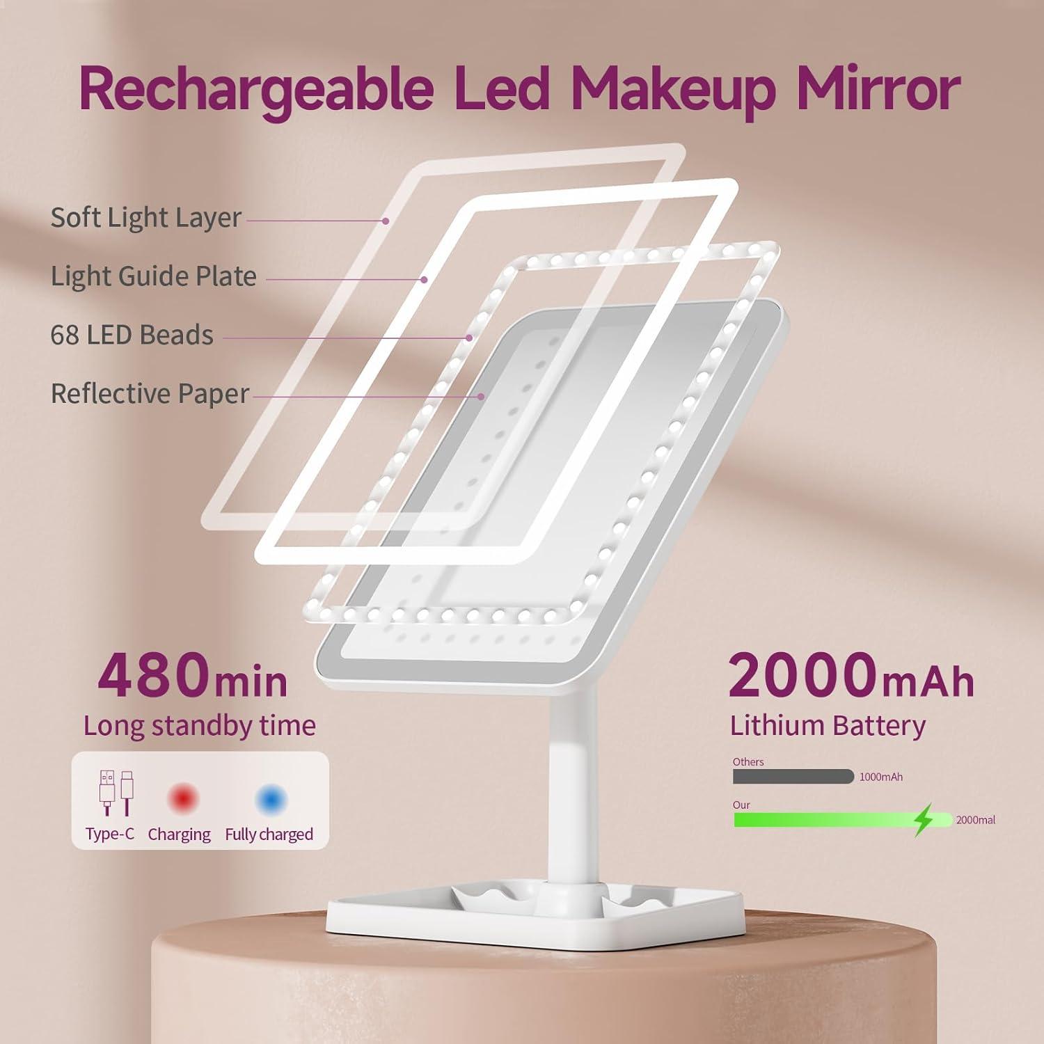 imageFUNTOUCH Rechargeable Lighted Mirrors for Makeup 2000mAh 10X Magnification3 Color Lighting Portable Tabletop Cosmetic Make Up Mirror 360 Rotation Led Light up Mirrors with StorageWhiteWhite Small