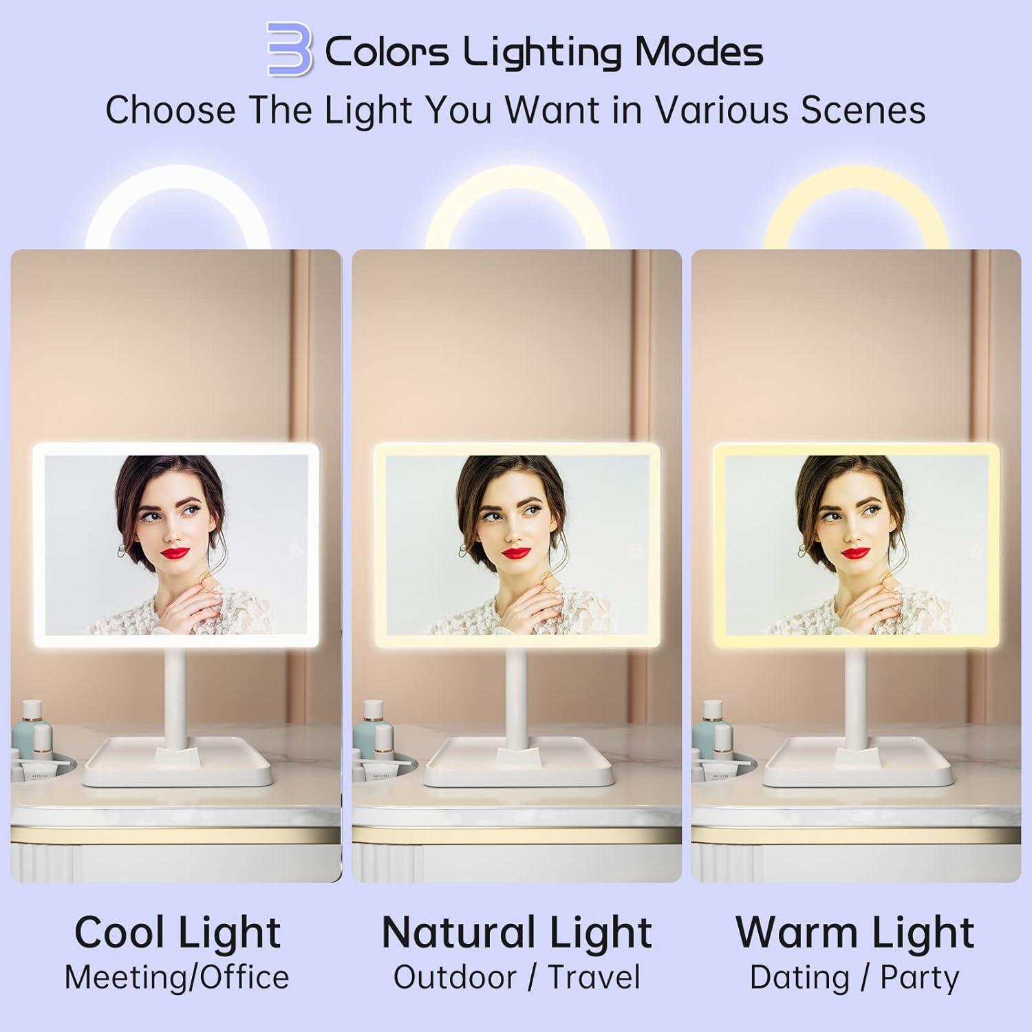 imageFUNTOUCH Rechargeable Lighted Mirrors for Makeup 2000mAh 10X Magnification3 Color Lighting Portable Tabletop Cosmetic Make Up Mirror 360 Rotation Led Light up Mirrors with StorageWhiteWhite Large
