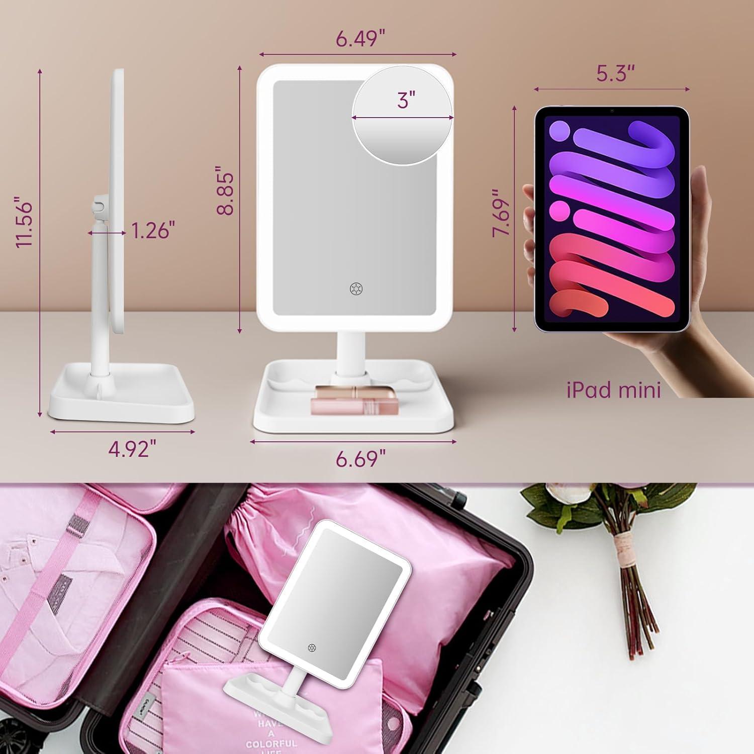 imageFUNTOUCH Rechargeable Lighted Mirrors for Makeup 2000mAh 10X Magnification3 Color Lighting Portable Tabletop Cosmetic Make Up Mirror 360 Rotation Led Light up Mirrors with StorageWhiteWhite Small