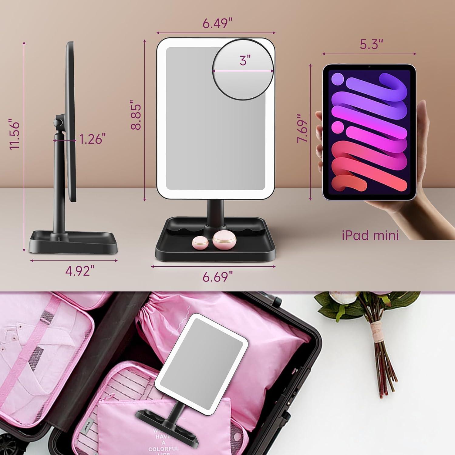 imageFUNTOUCH Rechargeable Lighted Mirrors for Makeup 2000mAh 10X Magnification3 Color Lighting Portable Tabletop Cosmetic Make Up Mirror 360 Rotation Led Light up Mirrors with StorageWhiteBlack Small