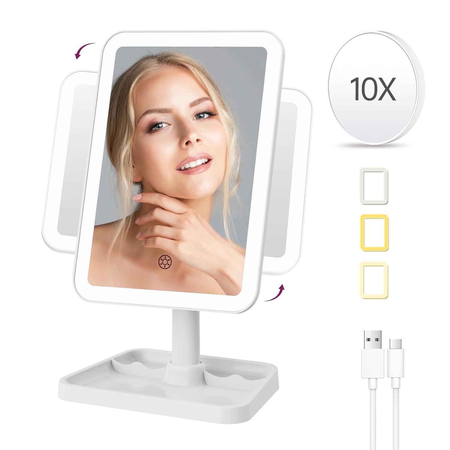 imageFUNTOUCH Rechargeable Lighted Mirrors for Makeup 2000mAh 10X Magnification3 Color Lighting Portable Tabletop Cosmetic Make Up Mirror 360 Rotation Led Light up Mirrors with StorageWhiteWhite Small