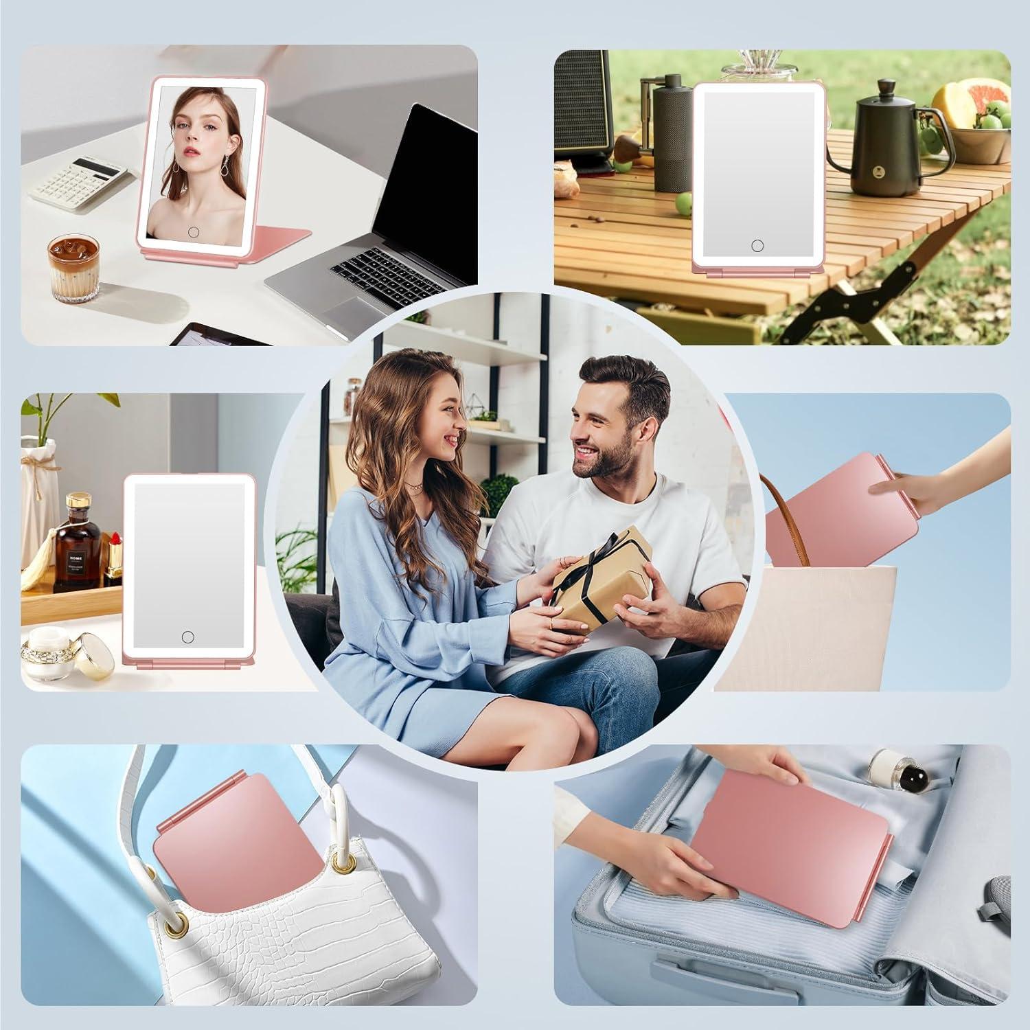 imageFUNTOUCH Rechargeable Travel Makeup Mirror with Lights and 10X Magnifying Mirrors Portable Lighted Vanity Mirror with 80 Led2000mAh Battery3 Color LightingTouch DimmingTabletop Light up MirrorRose Gold