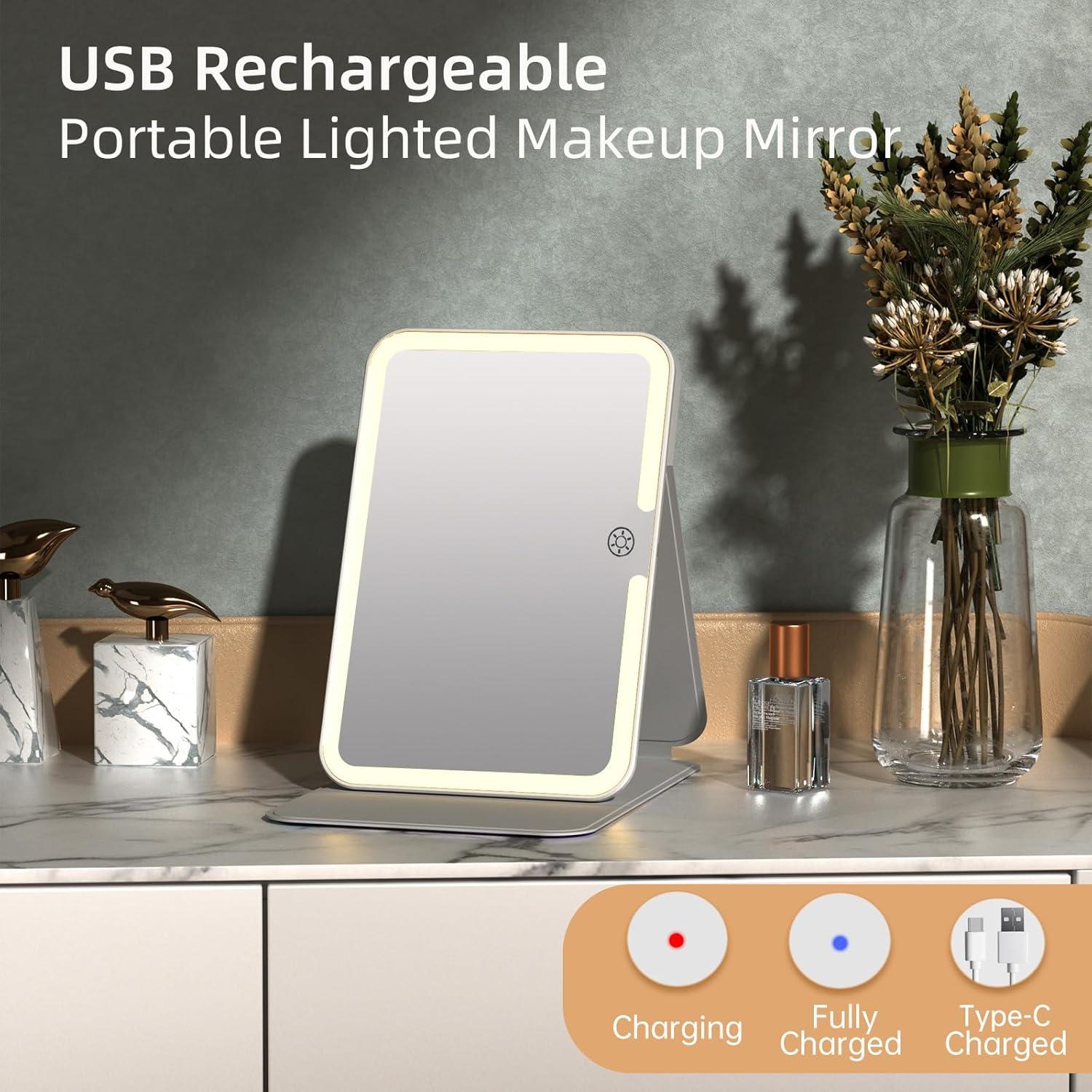 imageFUNTOUCH Rechargeable Travel Makeup Mirror with Lights and 10X Magnifying Mirrors Portable Lighted Vanity Mirror with 80 Led2000mAh Battery3 Color LightingTouch DimmingTabletop Light up MirrorFlower