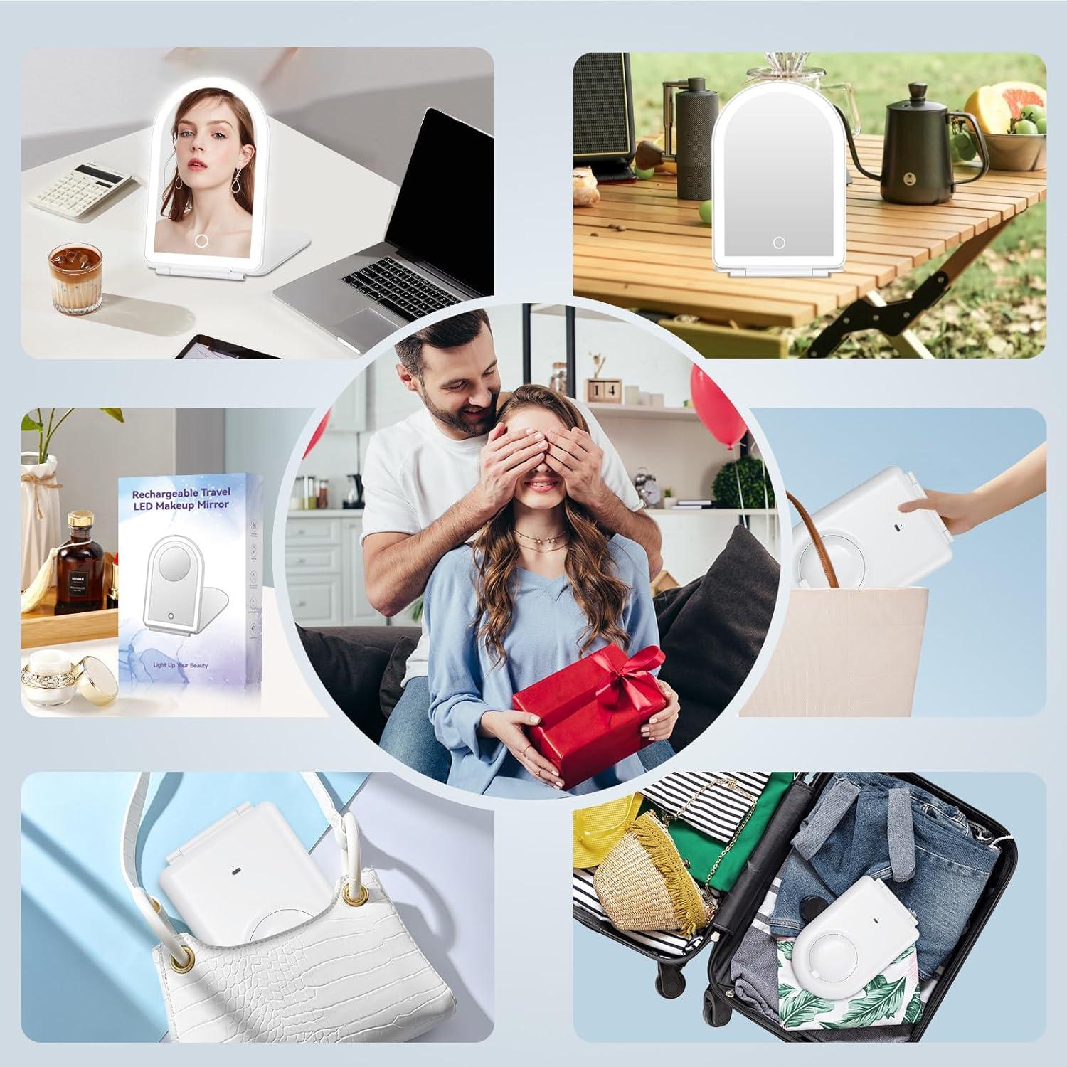 imageFUNTOUCH Rechargeable Travel Makeup Mirror with Lights and 10X Magnifying Mirrors Portable Lighted Vanity Mirror with 80 Led2000mAh Battery3 Color LightingTouch DimmingTabletop Light up MirrorMilky White