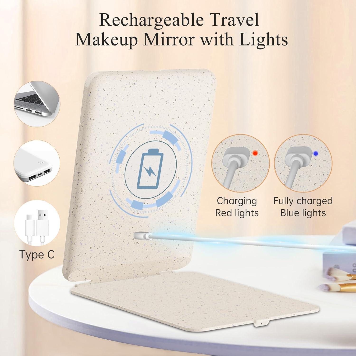 imageFUNTOUCH Rechargeable Travel Makeup Mirror with Lights and 10X Magnifying Mirrors Portable Lighted Vanity Mirror with 80 Led2000mAh Battery3 Color LightingTouch DimmingTabletop Light up MirrorStraw Color