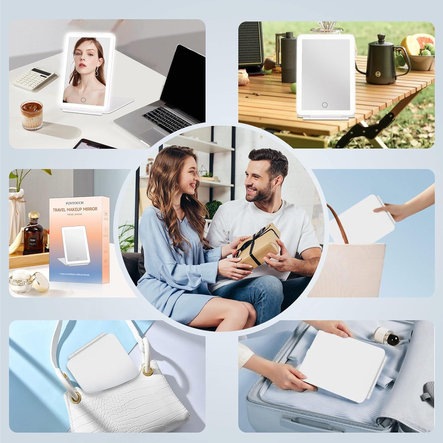 imageFUNTOUCH Rechargeable Travel Makeup Mirror with Lights and 10X Magnifying Mirrors Portable Lighted Vanity Mirror with 80 Led2000mAh Battery3 Color LightingTouch DimmingTabletop Light up MirrorWhite