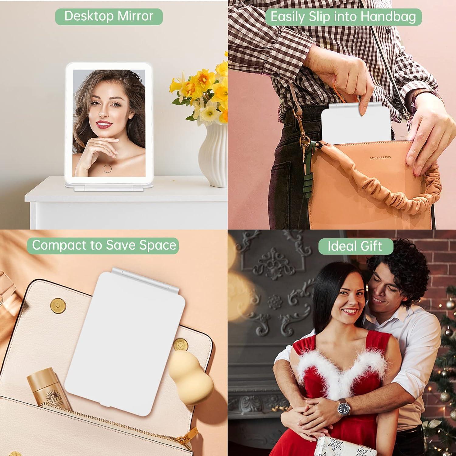 imageFUNTOUCH Rechargeable Travel Makeup Mirror with Lights and 10X Magnifying Mirrors Portable Lighted Vanity Mirror with 80 Led2000mAh Battery3 Color LightingTouch DimmingTabletop Light up MirrorBright White