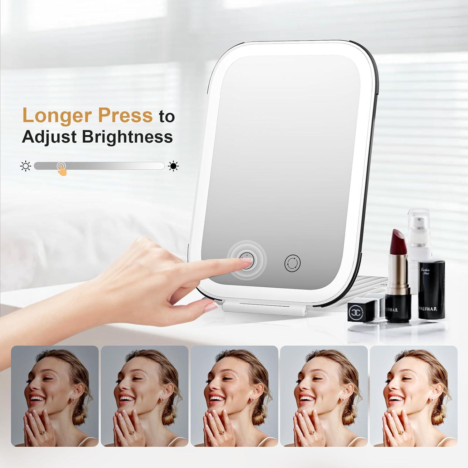 imageFUNTOUCH Rechargeable Travel Makeup Mirror with Lights and 10X Magnifying Mirrors Portable Lighted Vanity Mirror with 80 Led2000mAh Battery3 Color LightingTouch DimmingTabletop Light up MirrorPearl White