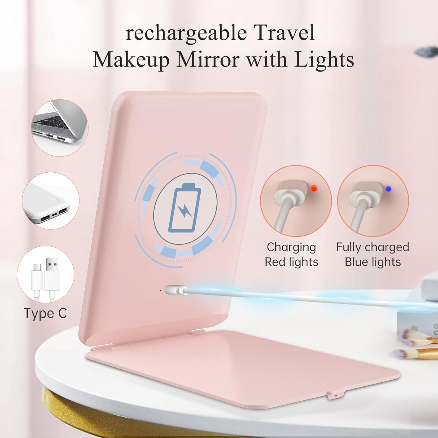 imageFUNTOUCH Rechargeable Travel Makeup Mirror with Lights and 10X Magnifying Mirrors Portable Lighted Vanity Mirror with 80 Led2000mAh Battery3 Color LightingTouch DimmingTabletop Light up MirrorPink