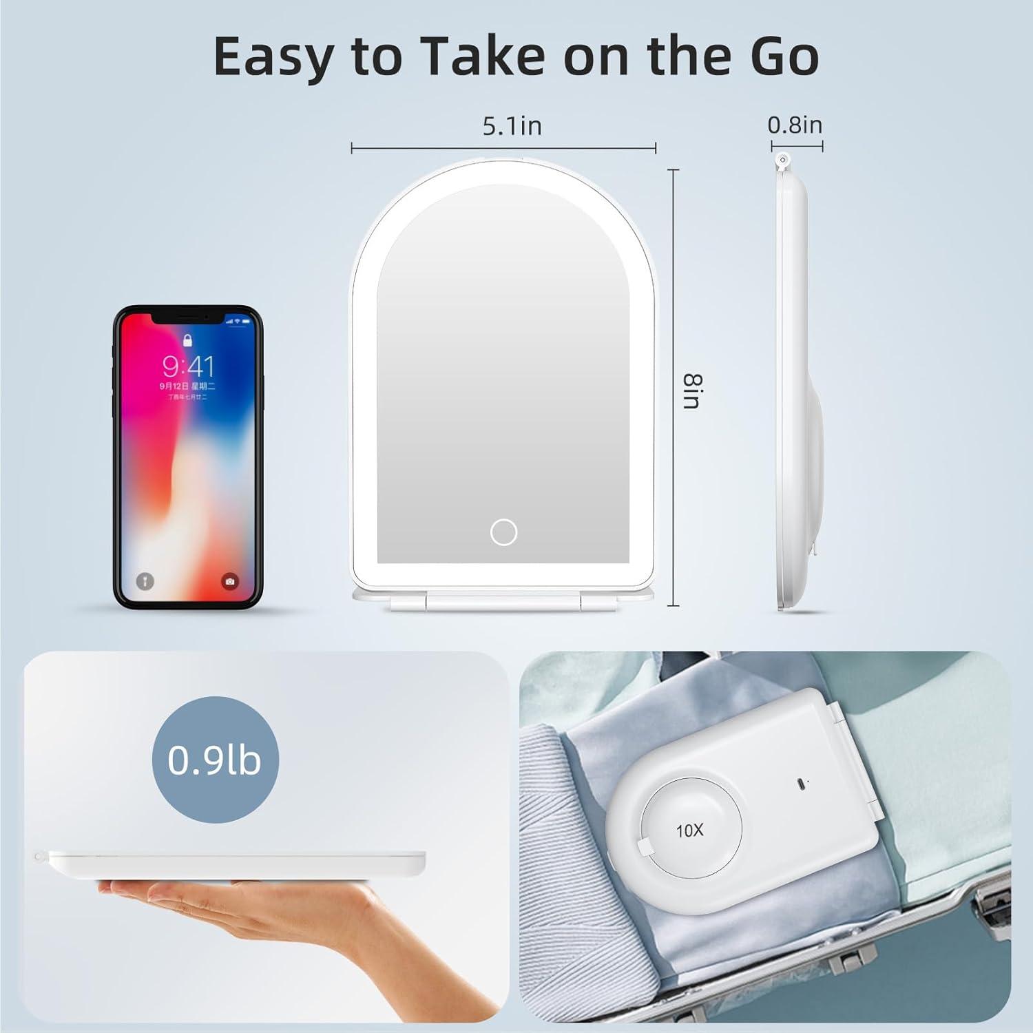 imageFUNTOUCH Rechargeable Travel Makeup Mirror with Lights and 10X Magnifying Mirrors Portable Lighted Vanity Mirror with 80 Led2000mAh Battery3 Color LightingTouch DimmingTabletop Light up MirrorMilky White