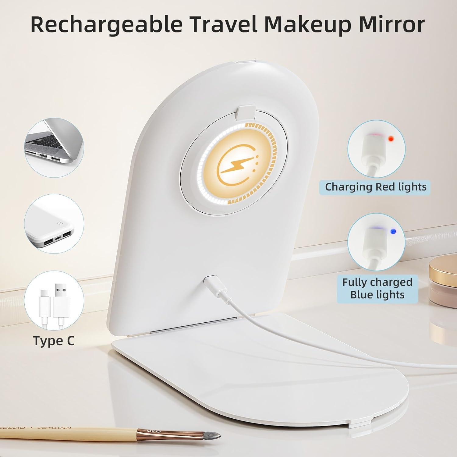 imageFUNTOUCH Rechargeable Travel Makeup Mirror with Lights and 10X Magnifying Mirrors Portable Lighted Vanity Mirror with 80 Led2000mAh Battery3 Color LightingTouch DimmingTabletop Light up MirrorMilky White