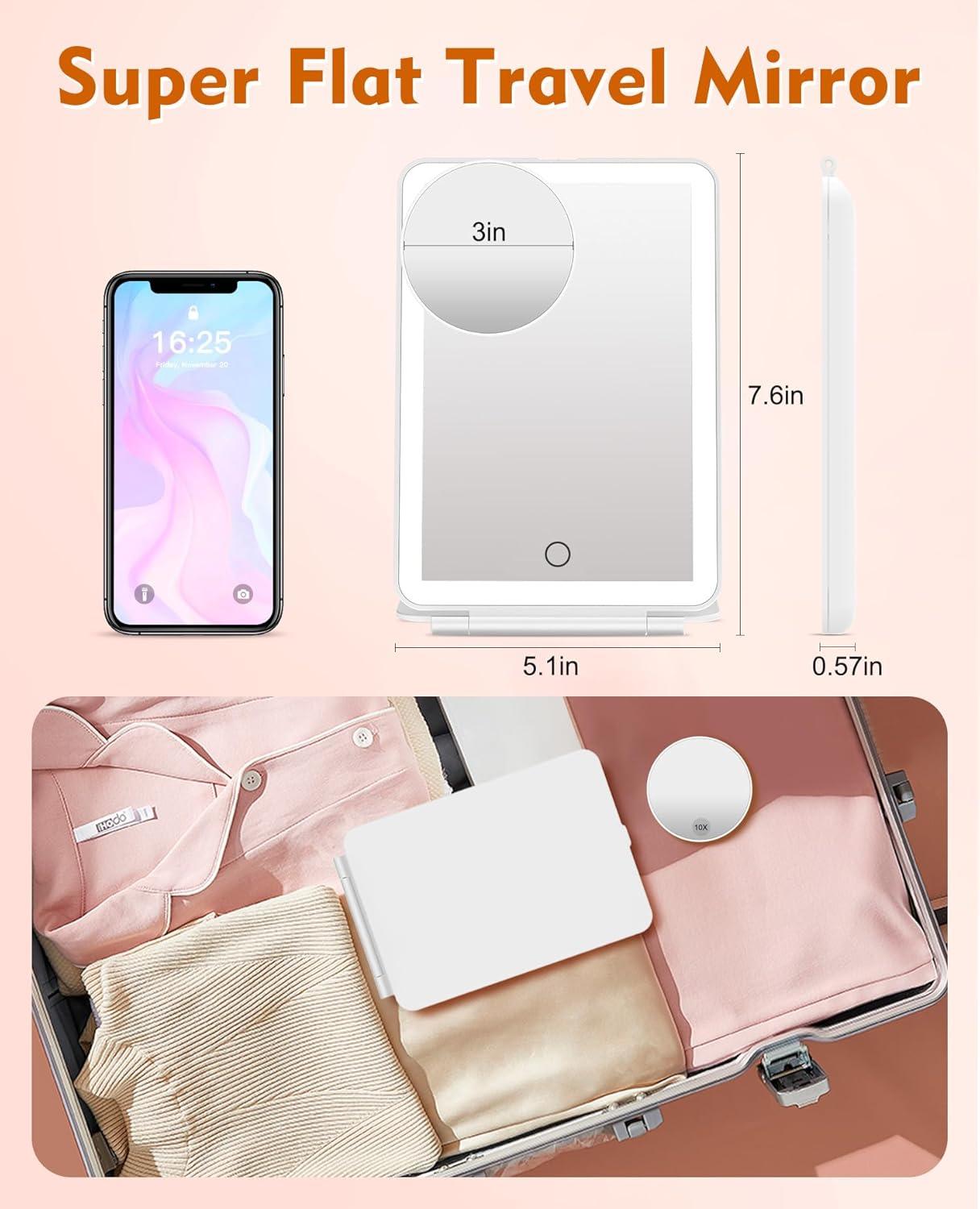 imageFUNTOUCH Rechargeable Travel Makeup Mirror with Lights and 10X Magnifying Mirrors Portable Lighted Vanity Mirror with 80 Led2000mAh Battery3 Color LightingTouch DimmingTabletop Light up MirrorSnow White With 10x Mirror