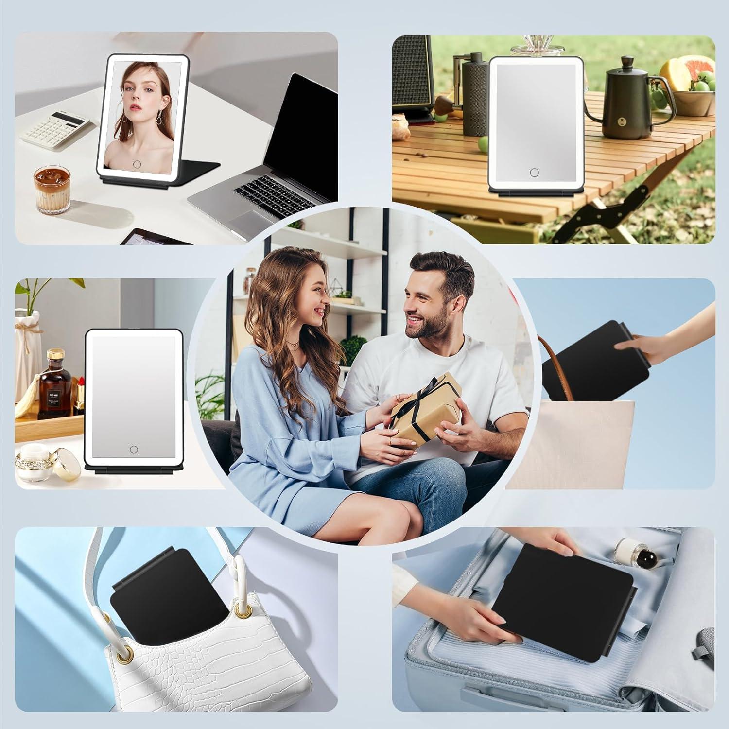 imageFUNTOUCH Rechargeable Travel Makeup Mirror with Lights and 10X Magnifying Mirrors Portable Lighted Vanity Mirror with 80 Led2000mAh Battery3 Color LightingTouch DimmingTabletop Light up MirrorBlack