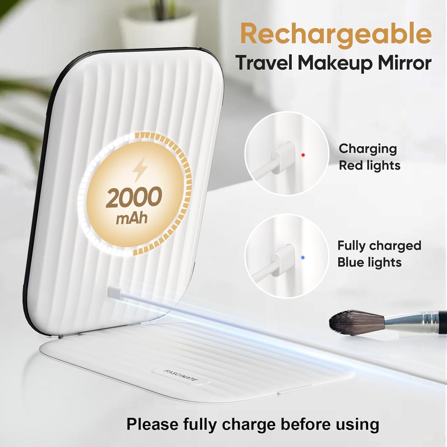 imageFUNTOUCH Rechargeable Travel Makeup Mirror with Lights and 10X Magnifying Mirrors Portable Lighted Vanity Mirror with 80 Led2000mAh Battery3 Color LightingTouch DimmingTabletop Light up MirrorPearl White
