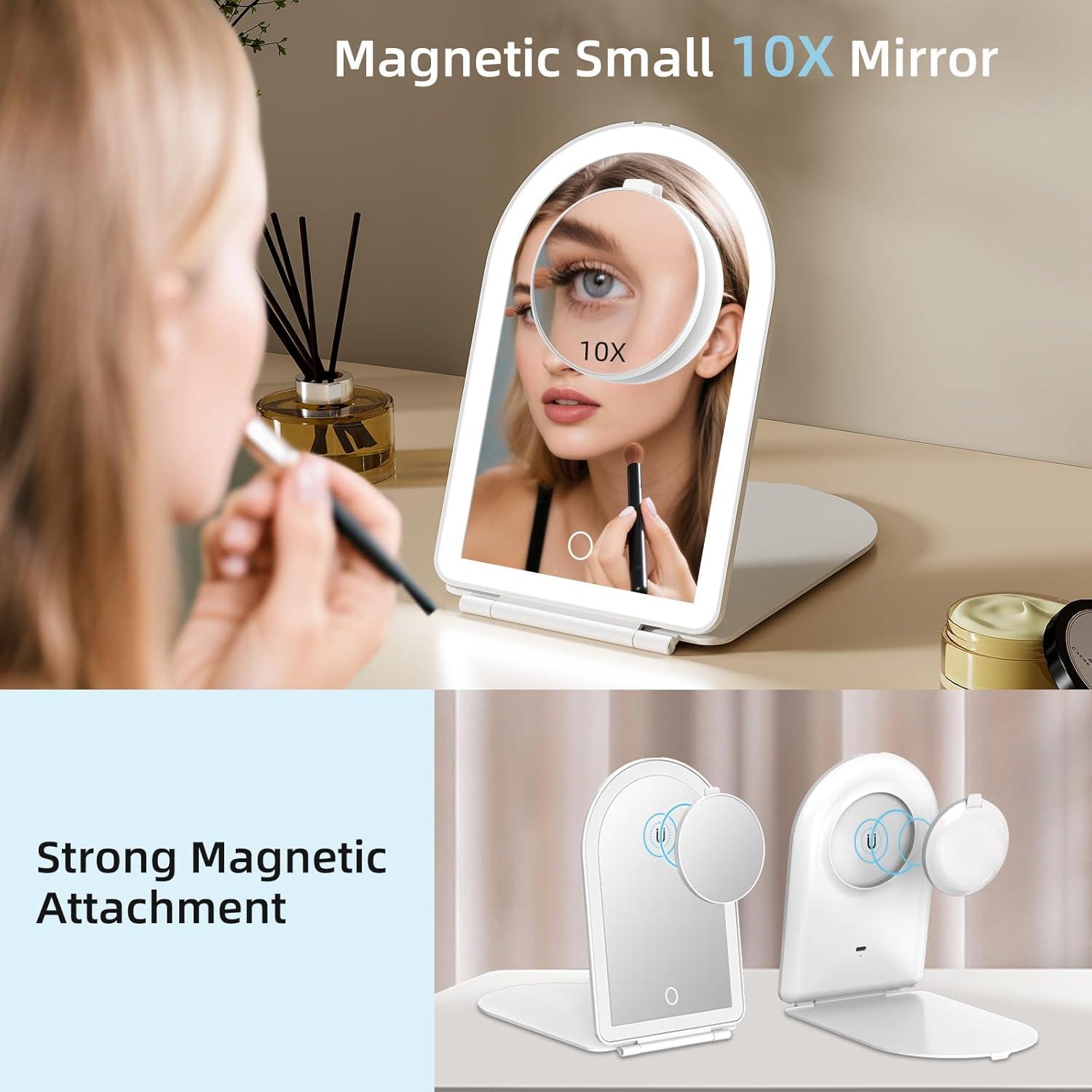 imageFUNTOUCH Rechargeable Travel Makeup Mirror with Lights and 10X Magnifying Mirrors Portable Lighted Vanity Mirror with 80 Led2000mAh Battery3 Color LightingTouch DimmingTabletop Light up MirrorMilky White