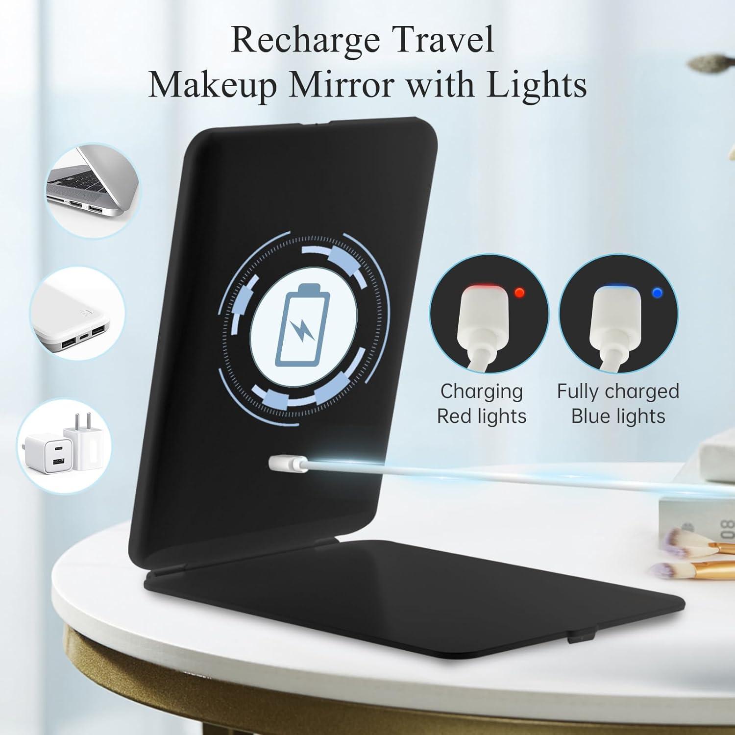imageFUNTOUCH Rechargeable Travel Makeup Mirror with Lights and 10X Magnifying Mirrors Portable Lighted Vanity Mirror with 80 Led2000mAh Battery3 Color LightingTouch DimmingTabletop Light up MirrorBlack