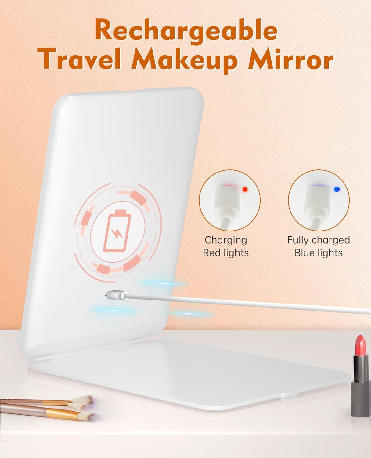 imageFUNTOUCH Rechargeable Travel Makeup Mirror with Lights and 10X Magnifying Mirrors Portable Lighted Vanity Mirror with 80 Led2000mAh Battery3 Color LightingTouch DimmingTabletop Light up MirrorSnow White With 10x Mirror