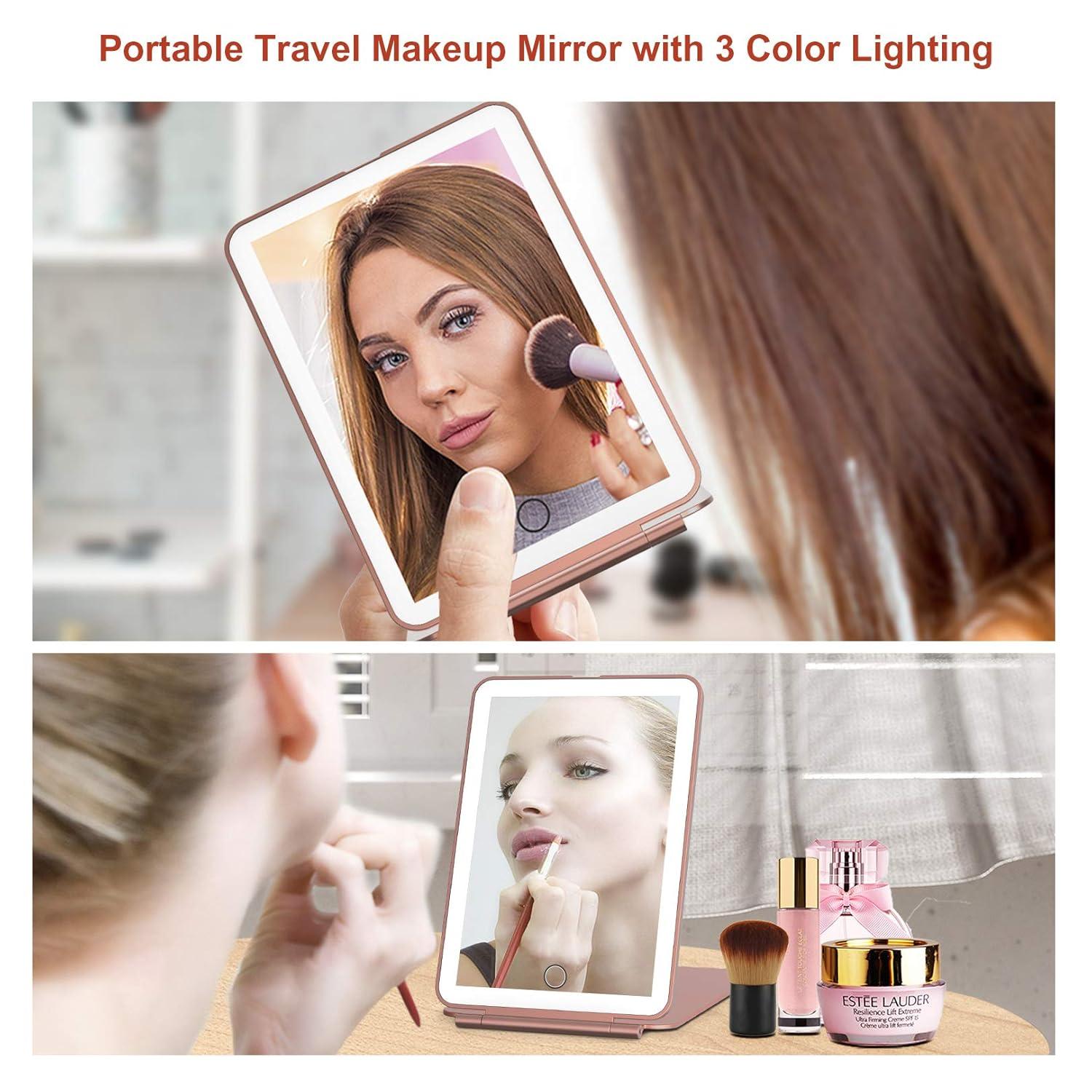 imageFUNTOUCH Rechargeable Travel Makeup Mirror with Lights and 10X Magnifying Mirrors Portable Lighted Vanity Mirror with 80 Led2000mAh Battery3 Color LightingTouch DimmingTabletop Light up MirrorRose Gold