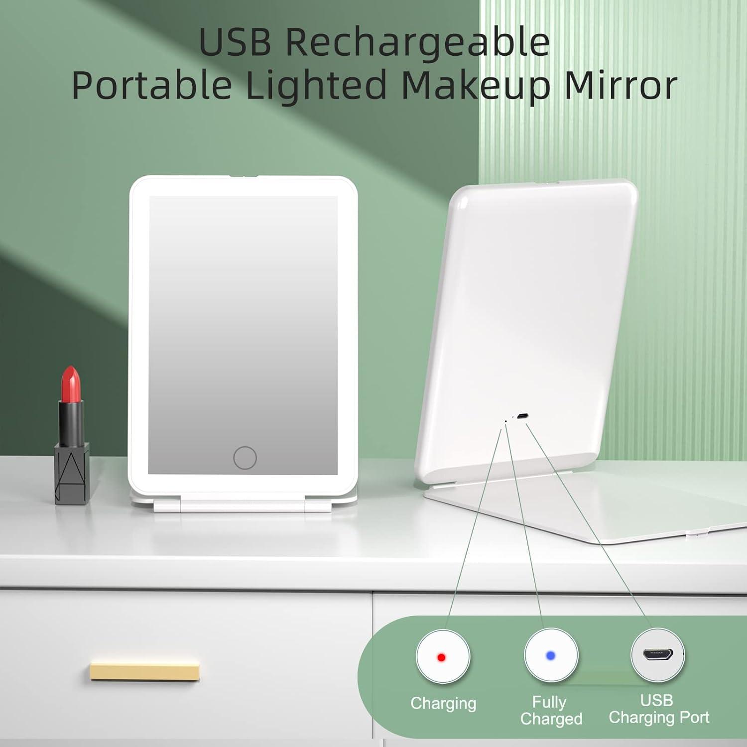 imageFUNTOUCH Rechargeable Travel Makeup Mirror with Lights and 10X Magnifying Mirrors Portable Lighted Vanity Mirror with 80 Led2000mAh Battery3 Color LightingTouch DimmingTabletop Light up MirrorCeramic White
