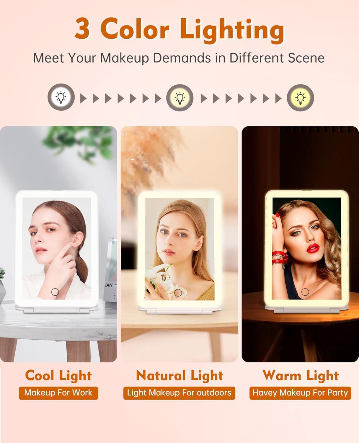 imageFUNTOUCH Rechargeable Travel Makeup Mirror with Lights and 10X Magnifying Mirrors Portable Lighted Vanity Mirror with 80 Led2000mAh Battery3 Color LightingTouch DimmingTabletop Light up MirrorSnow White With 10x Mirror