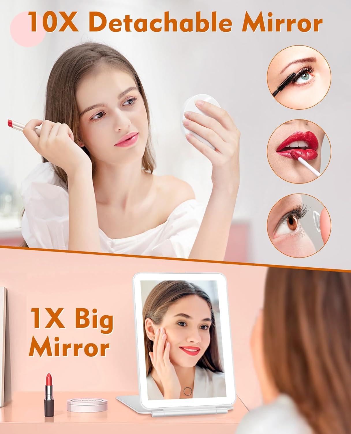 imageFUNTOUCH Rechargeable Travel Makeup Mirror with Lights and 10X Magnifying Mirrors Portable Lighted Vanity Mirror with 80 Led2000mAh Battery3 Color LightingTouch DimmingTabletop Light up MirrorSnow White With 10x Mirror