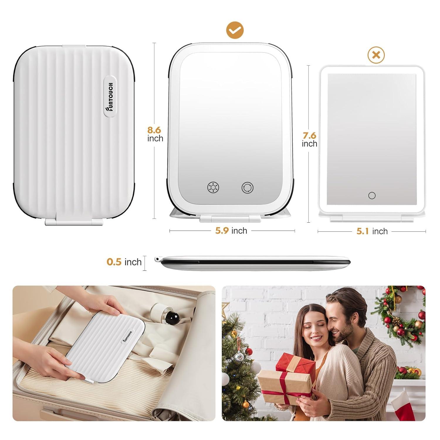 imageFUNTOUCH Rechargeable Travel Makeup Mirror with Lights and 10X Magnifying Mirrors Portable Lighted Vanity Mirror with 80 Led2000mAh Battery3 Color LightingTouch DimmingTabletop Light up MirrorPearl White