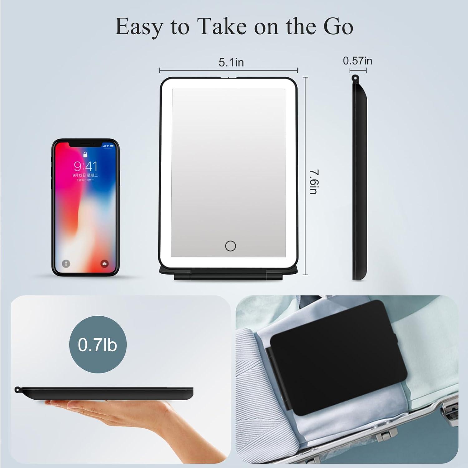 imageFUNTOUCH Rechargeable Travel Makeup Mirror with Lights and 10X Magnifying Mirrors Portable Lighted Vanity Mirror with 80 Led2000mAh Battery3 Color LightingTouch DimmingTabletop Light up MirrorBlack