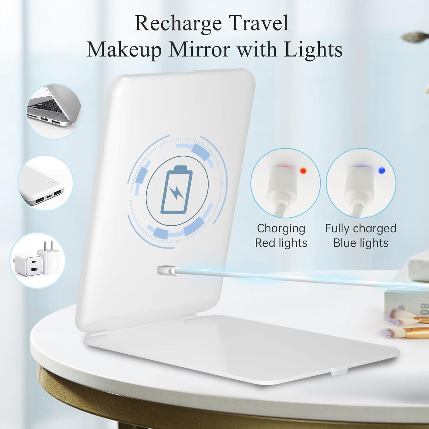 imageFUNTOUCH Rechargeable Travel Makeup Mirror with Lights and 10X Magnifying Mirrors Portable Lighted Vanity Mirror with 80 Led2000mAh Battery3 Color LightingTouch DimmingTabletop Light up MirrorWhite