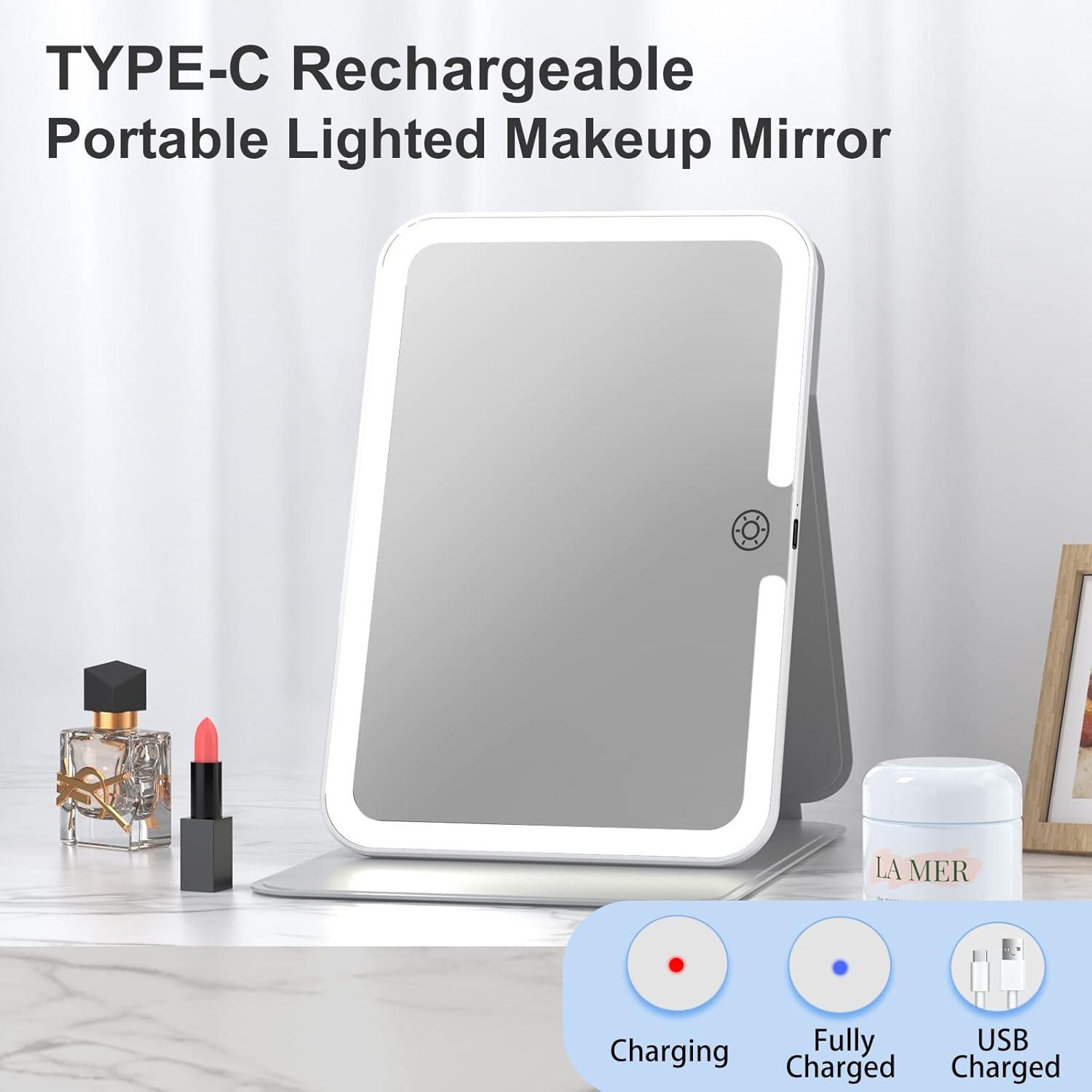 imageFUNTOUCH Rechargeable Travel Makeup Mirror with Lights and 10X Magnifying Mirrors Portable Lighted Vanity Mirror with 80 Led2000mAh Battery3 Color LightingTouch DimmingTabletop Light up MirrorColorful