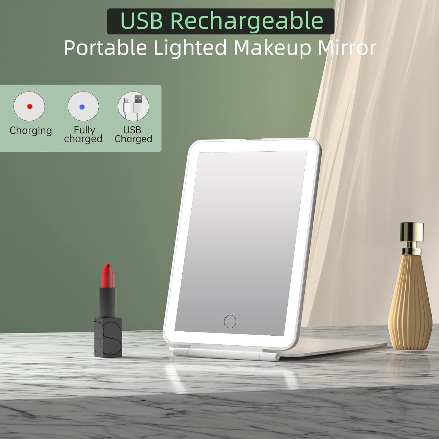 imageFUNTOUCH Rechargeable Travel Makeup Mirror with Lights and 10X Magnifying Mirrors Portable Lighted Vanity Mirror with 80 Led2000mAh Battery3 Color LightingTouch DimmingTabletop Light up MirrorBright White