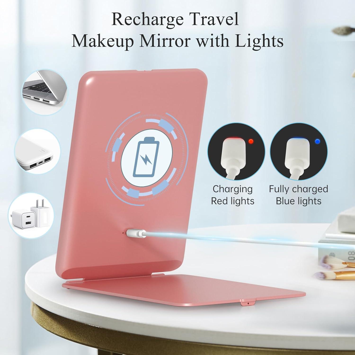 imageFUNTOUCH Rechargeable Travel Makeup Mirror with Lights and 10X Magnifying Mirrors Portable Lighted Vanity Mirror with 80 Led2000mAh Battery3 Color LightingTouch DimmingTabletop Light up MirrorRose Gold