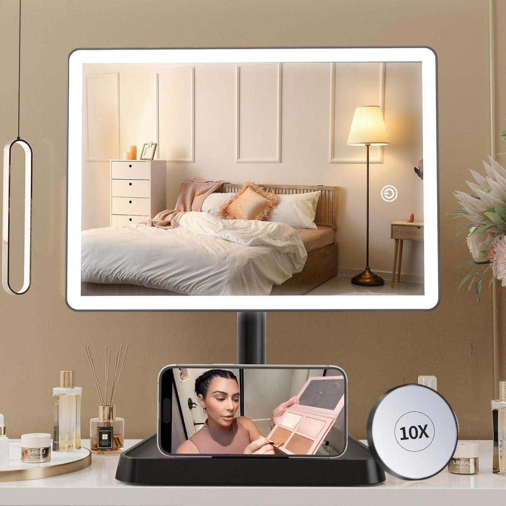 imageFUNTOUCH Rechargeable Lighted Mirrors for Makeup 2000mAh 10X Magnification3 Color Lighting Portable Tabletop Cosmetic Make Up Mirror 360 Rotation Led Light up Mirrors with StorageWhiteBlack Large